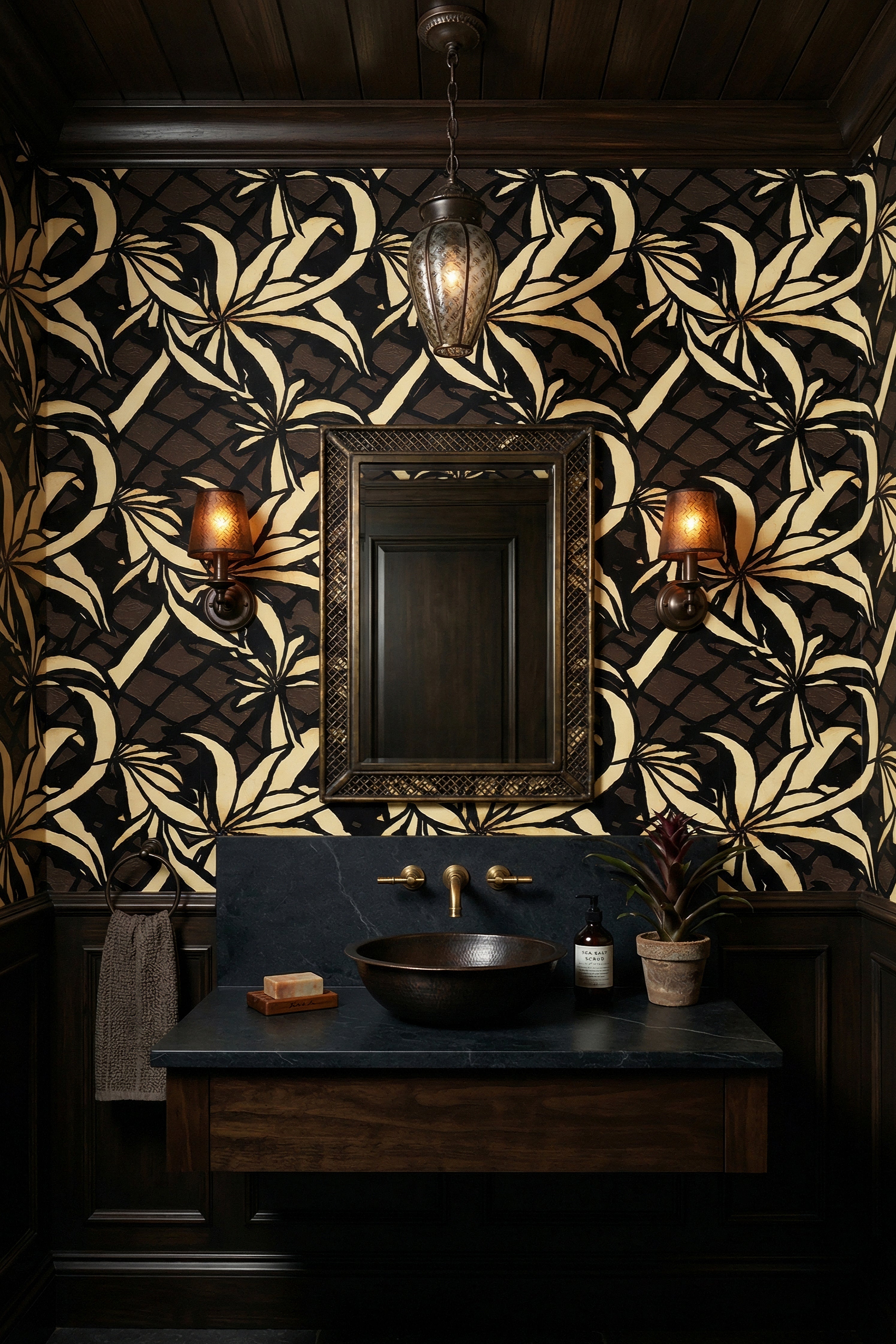 Beige tropical botanicals on a dark brown geometric wallpaper in a powder room.