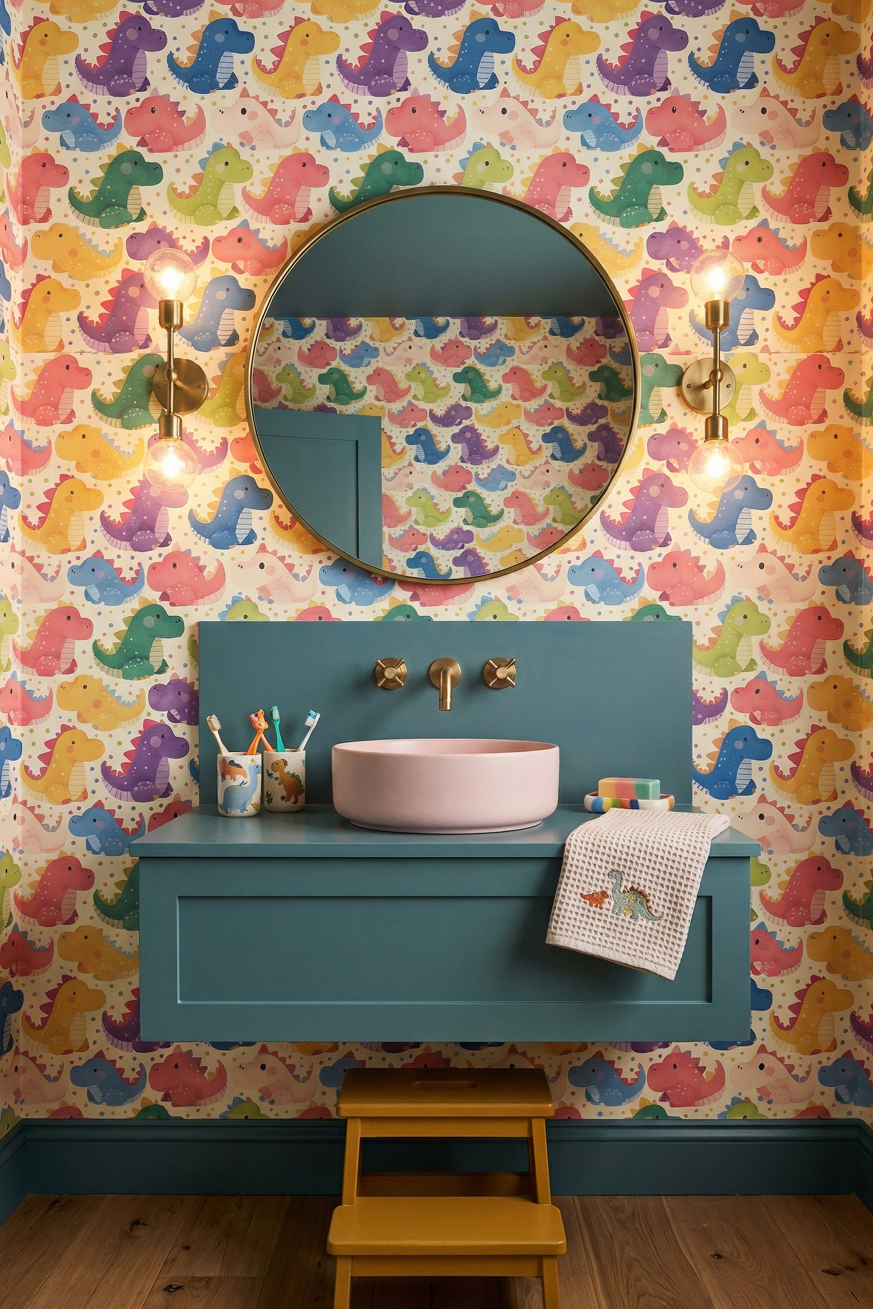 Pastel dinosaurs and confetti dots on cream wallpaper in a powder room.