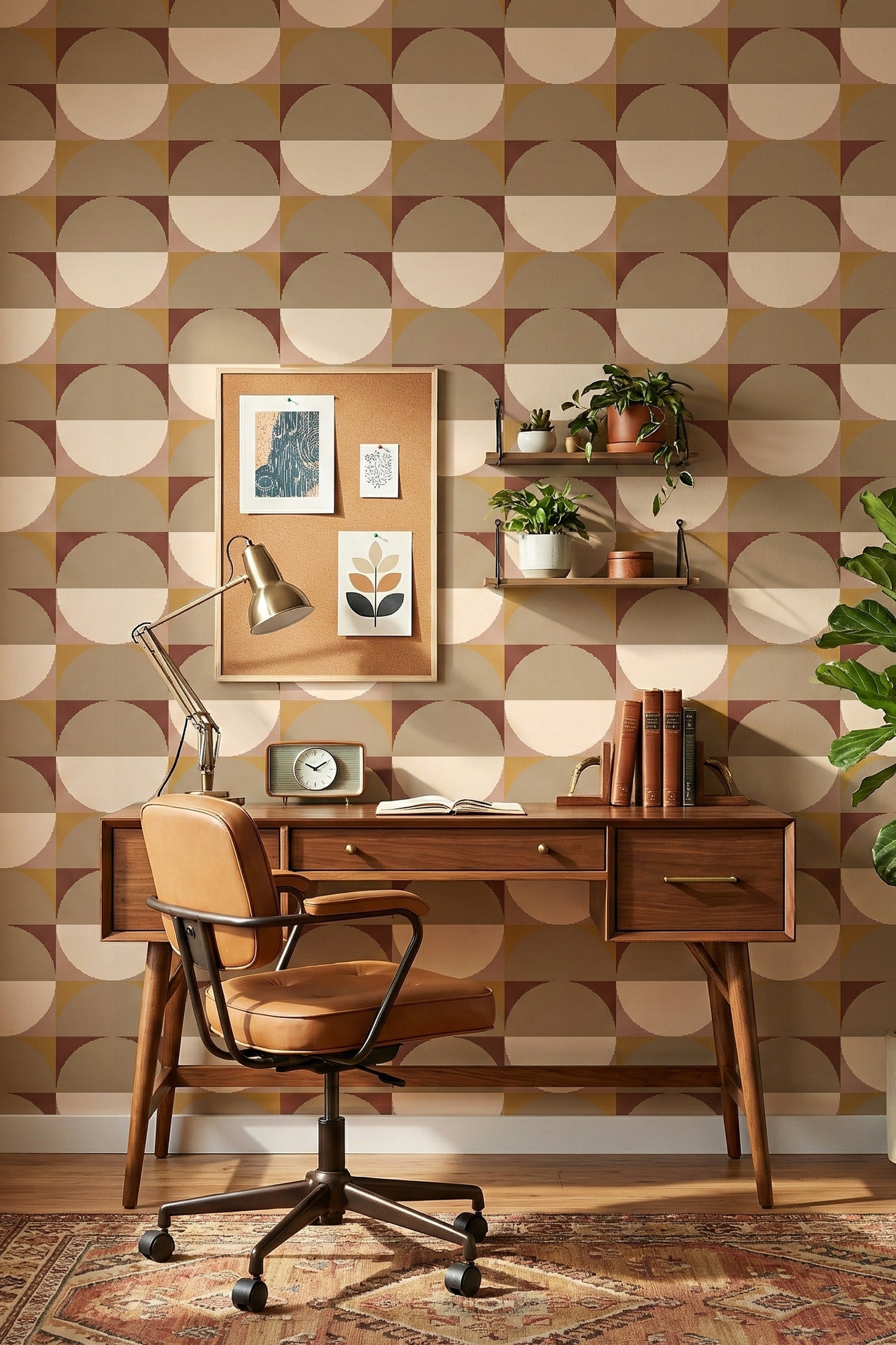 Beige and warm brown mid-century circles wallpaper in a home office.