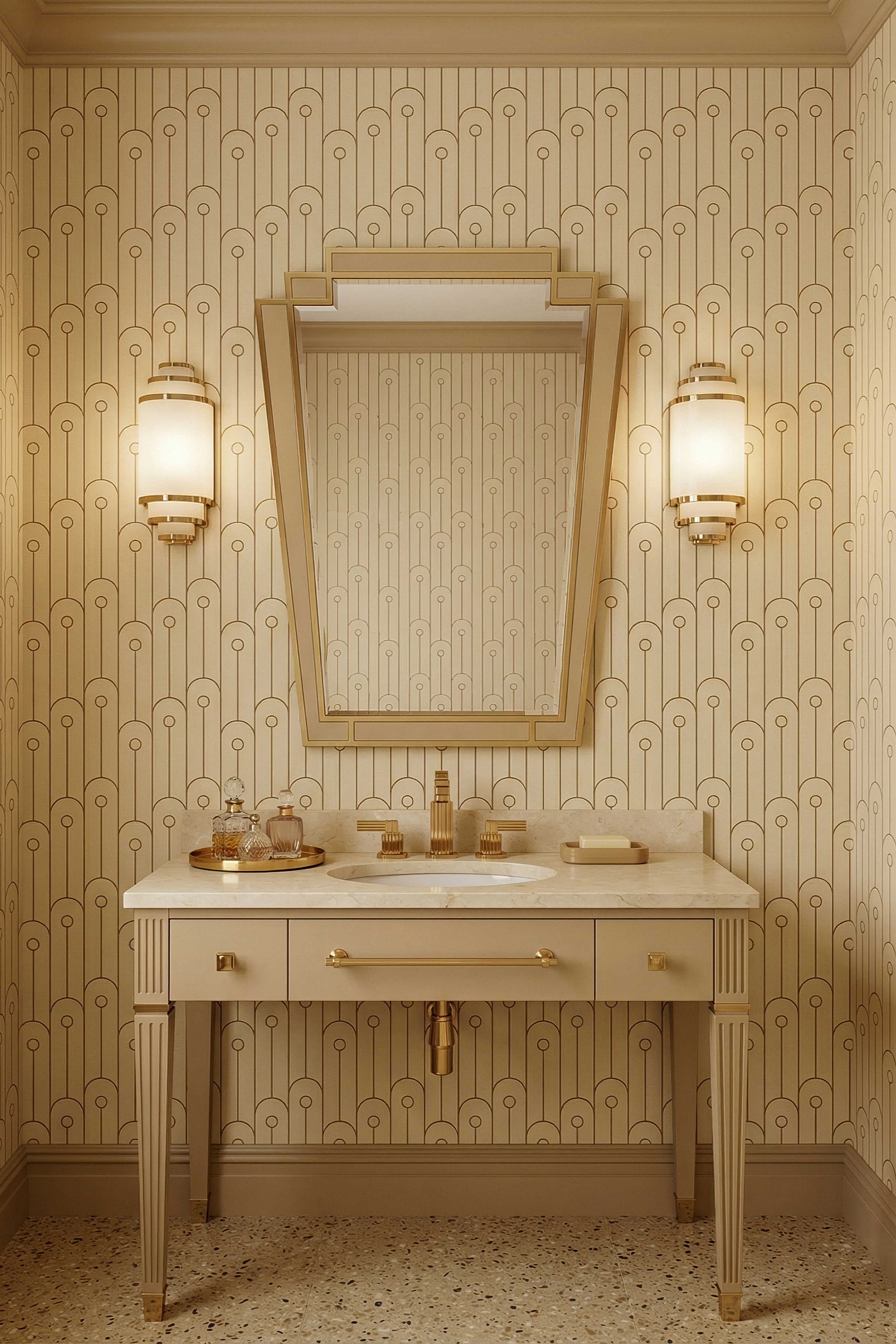 Beige and gold Art Deco arches on neutral wallpaper in a powder room.