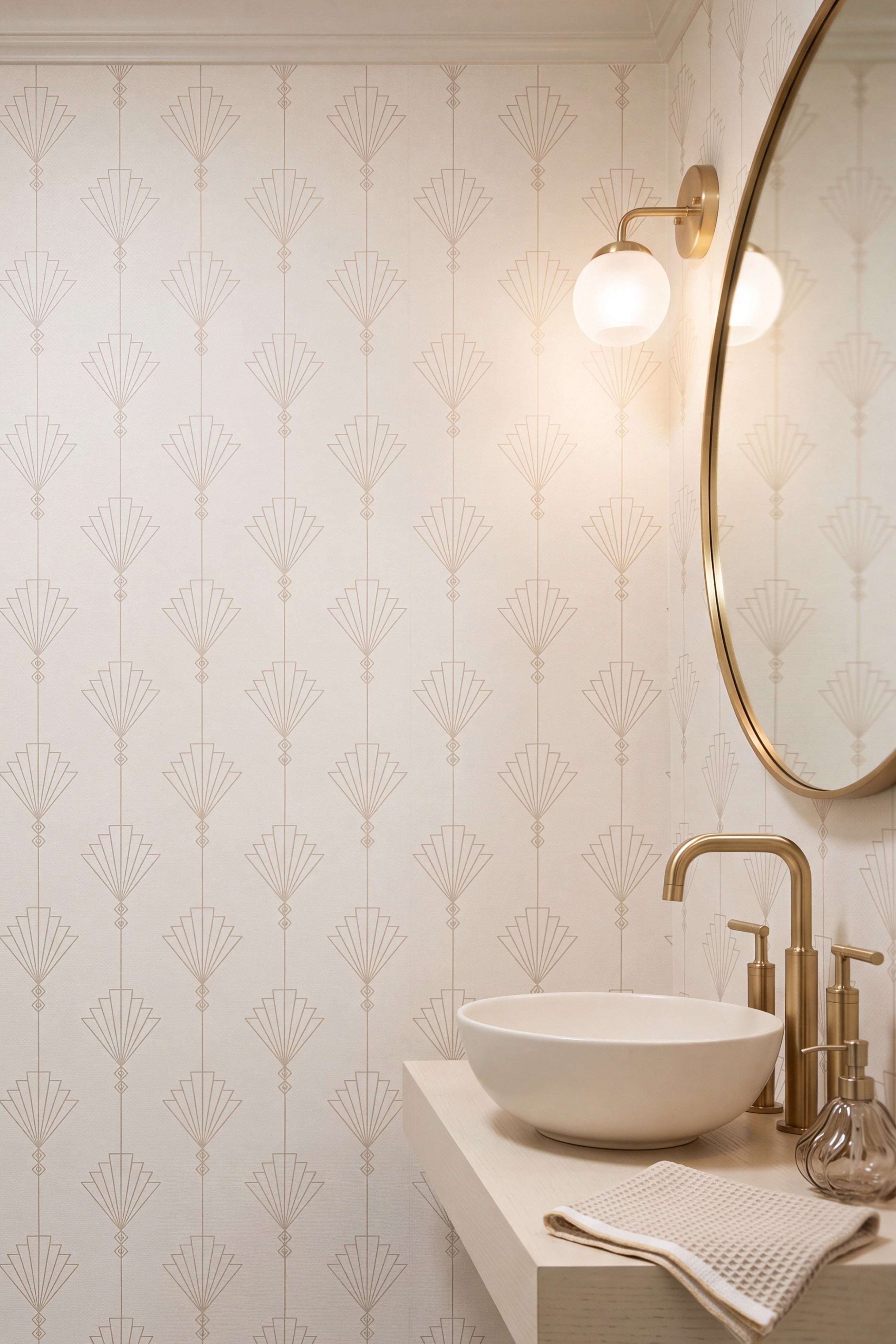 Ivory art deco fan wallpaper in a powder room.