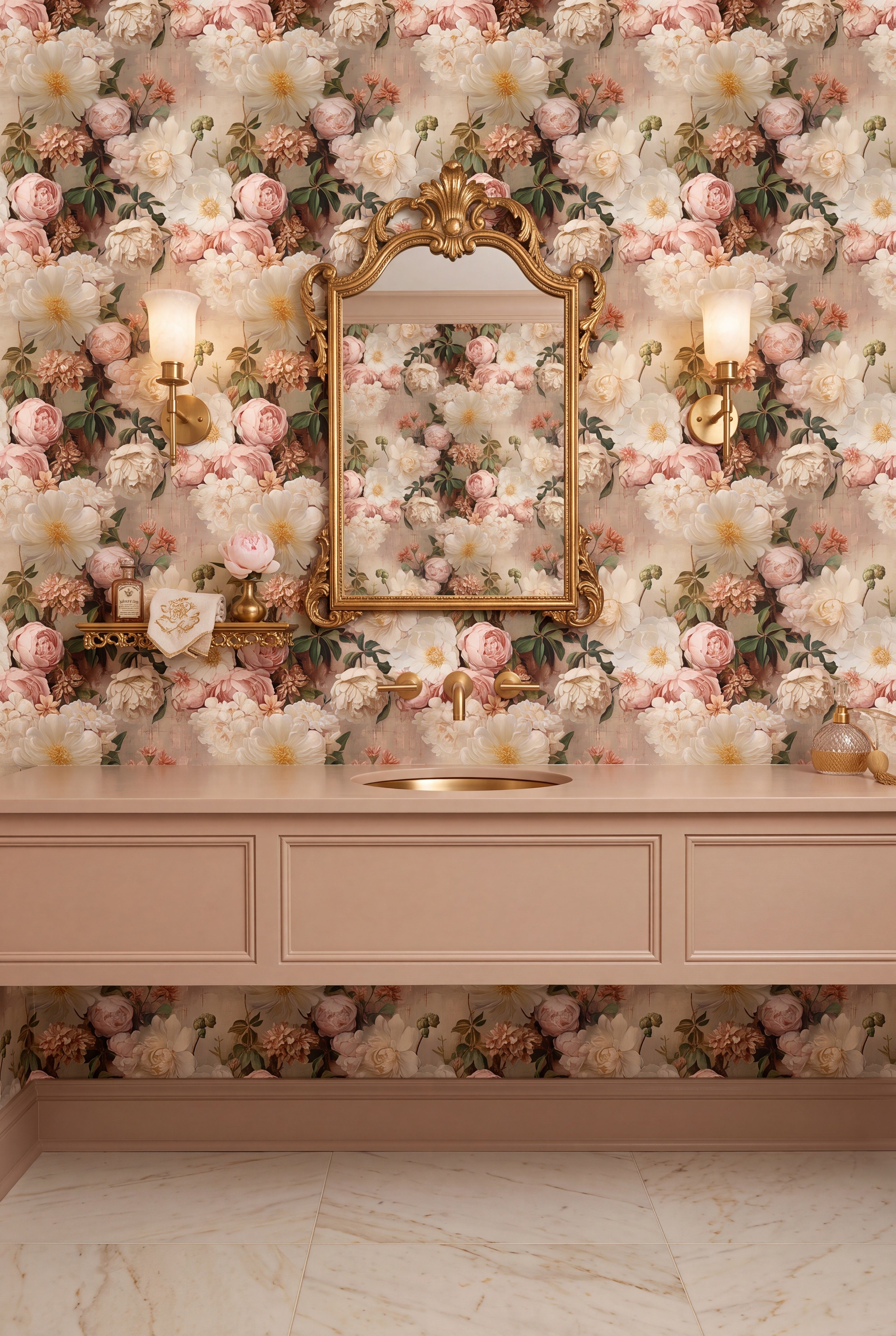Fresh blooms and green foliage on a lush garden wallpaper in a powder room.