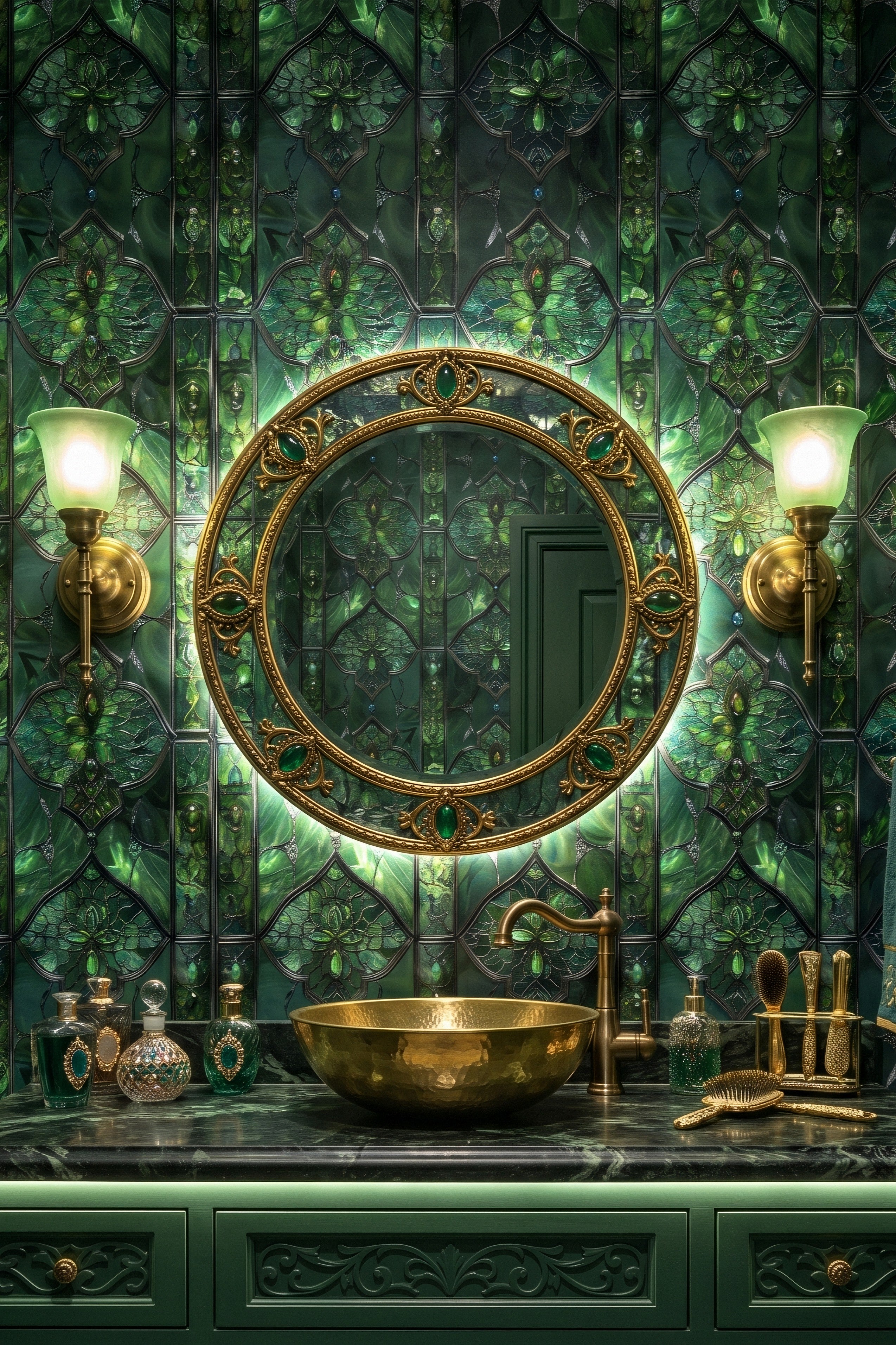 Emerald stained-glass botanical wallpaper in a powder room.