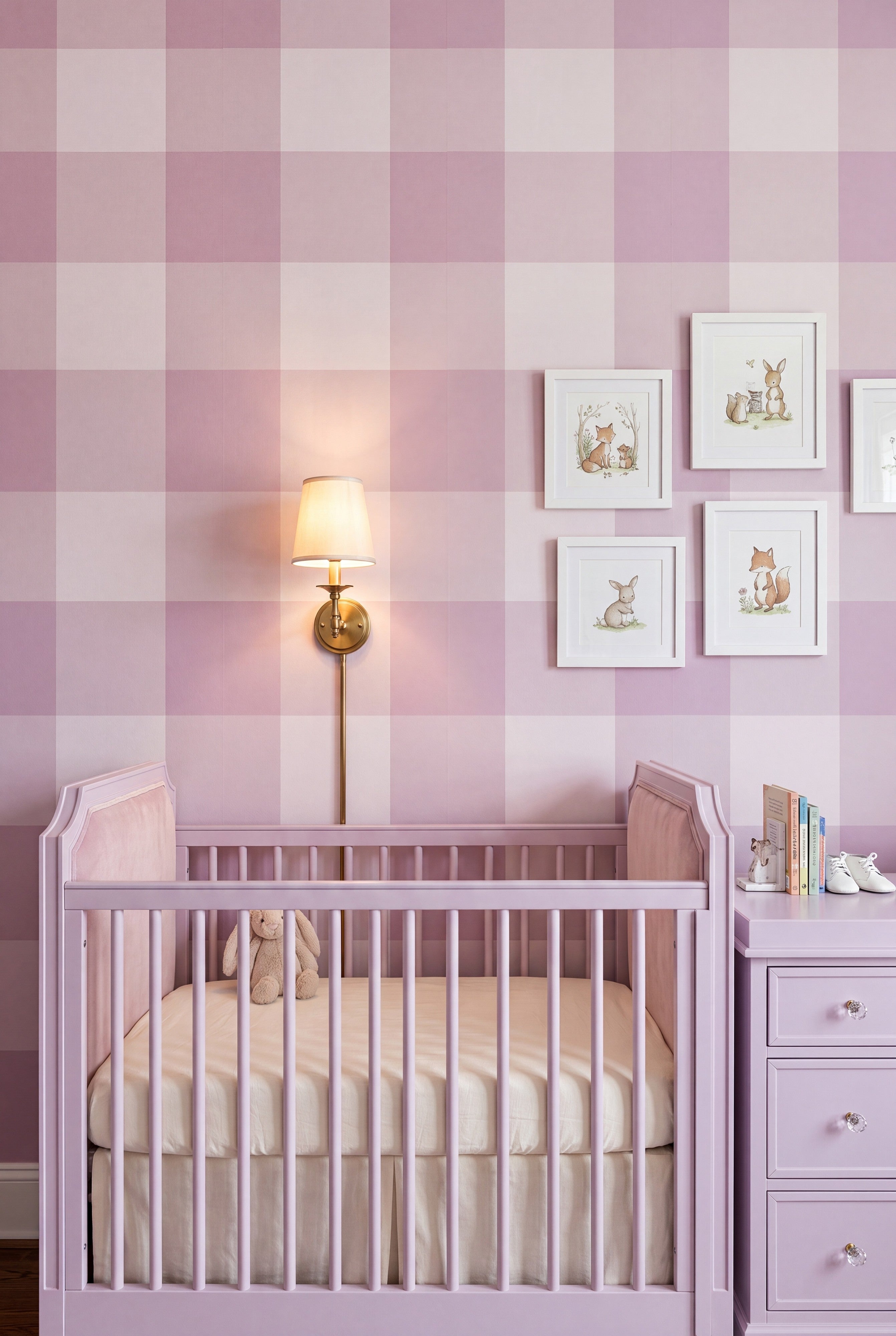 Lilac gingham check wallpaper in a kids room.