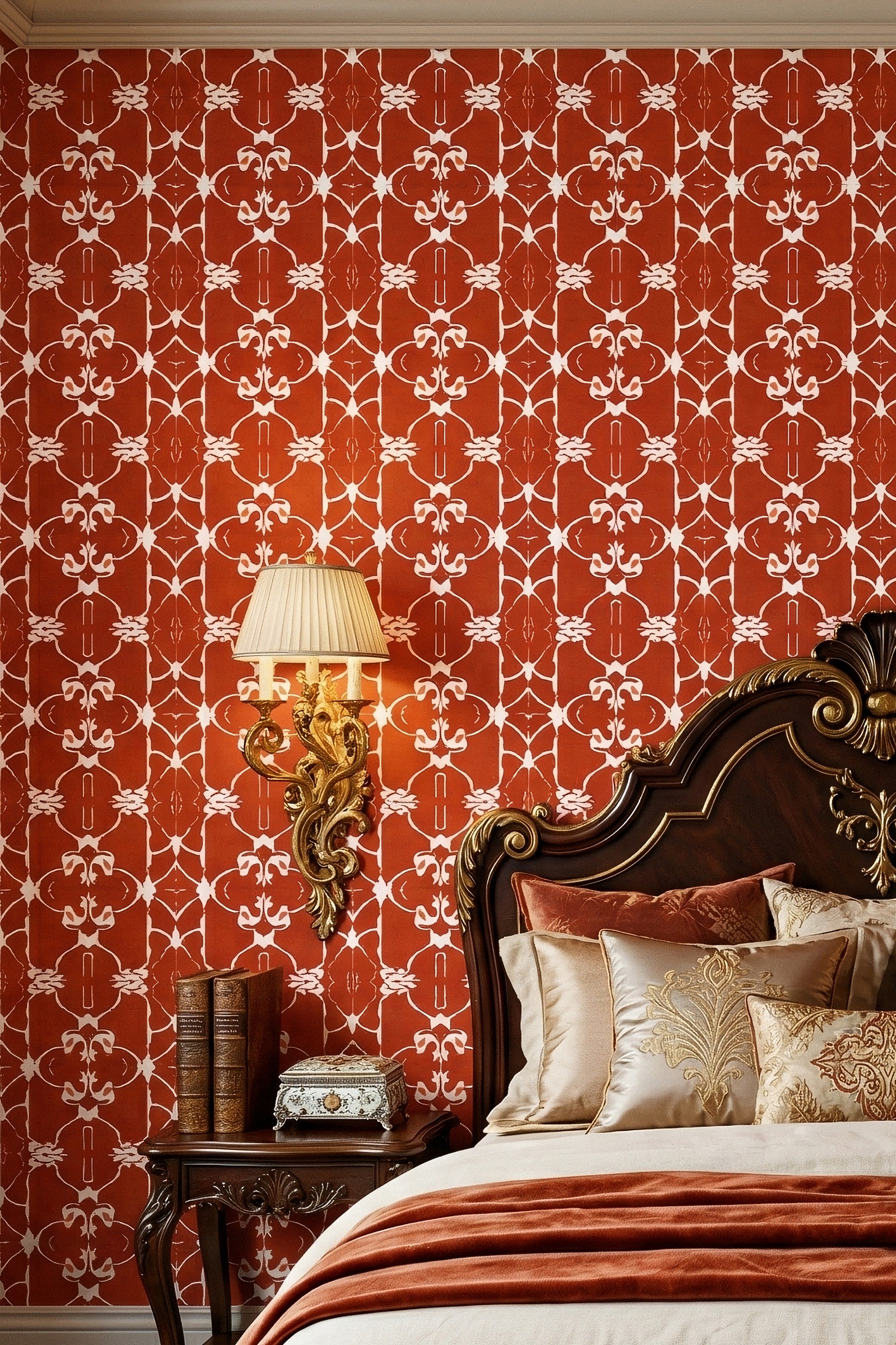 White baroque scrollwork on burnt-orange wallpaper in a bedroom.