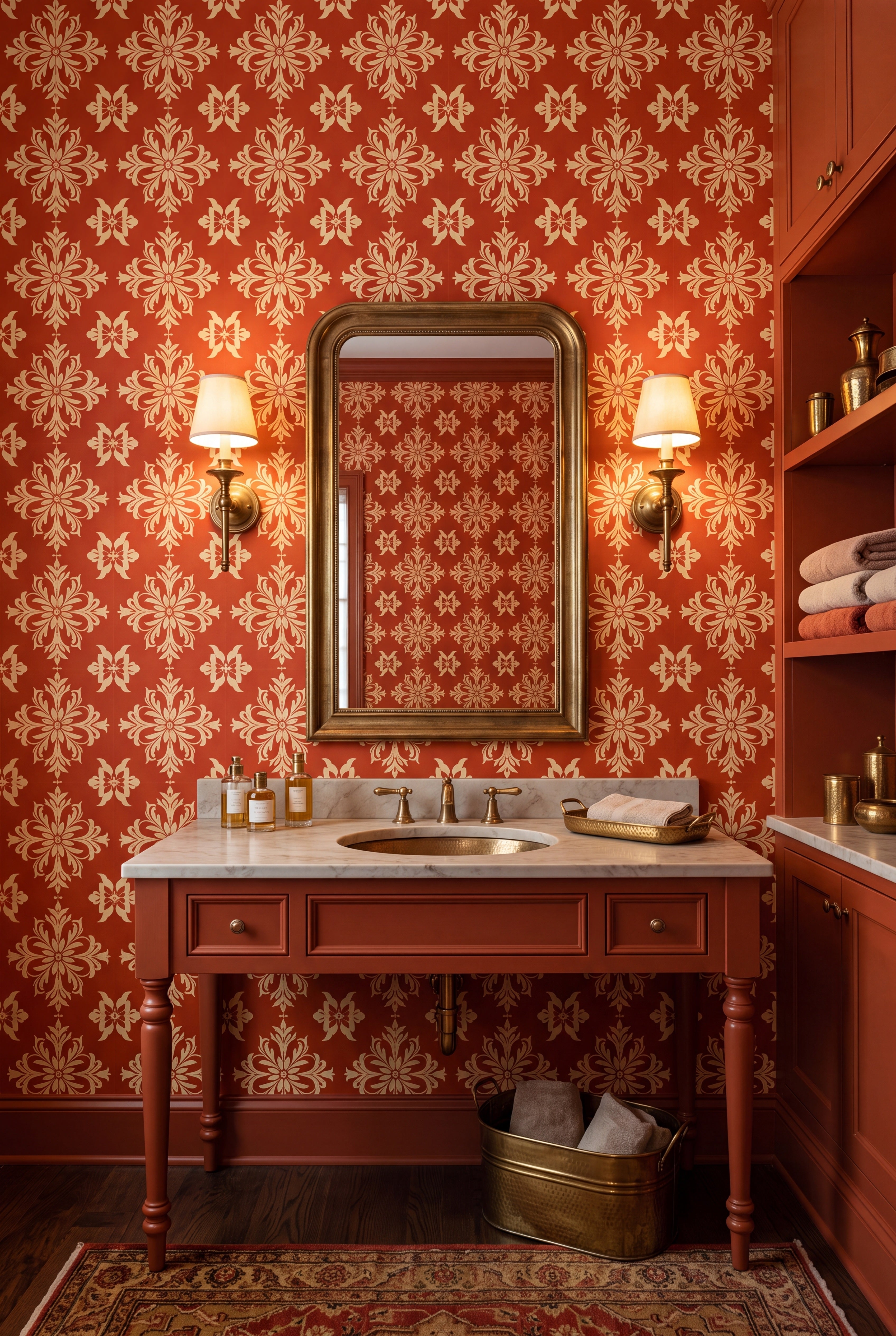 Cream Moroccan scrollwork on terracotta wallpaper in a powder room.