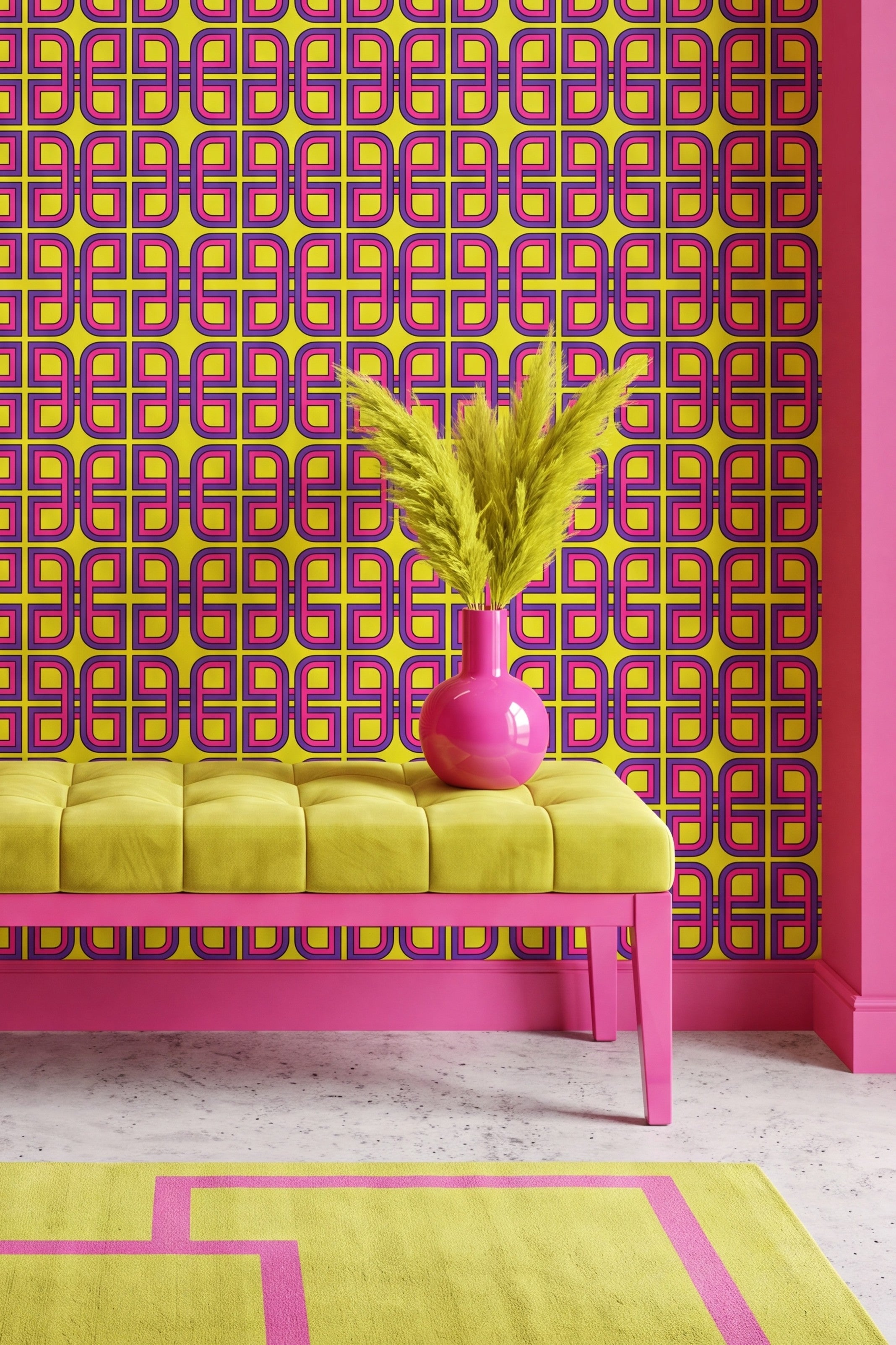 Hot pink and purple shapes on neon-yellow geometric wallpaper on an accent wall.