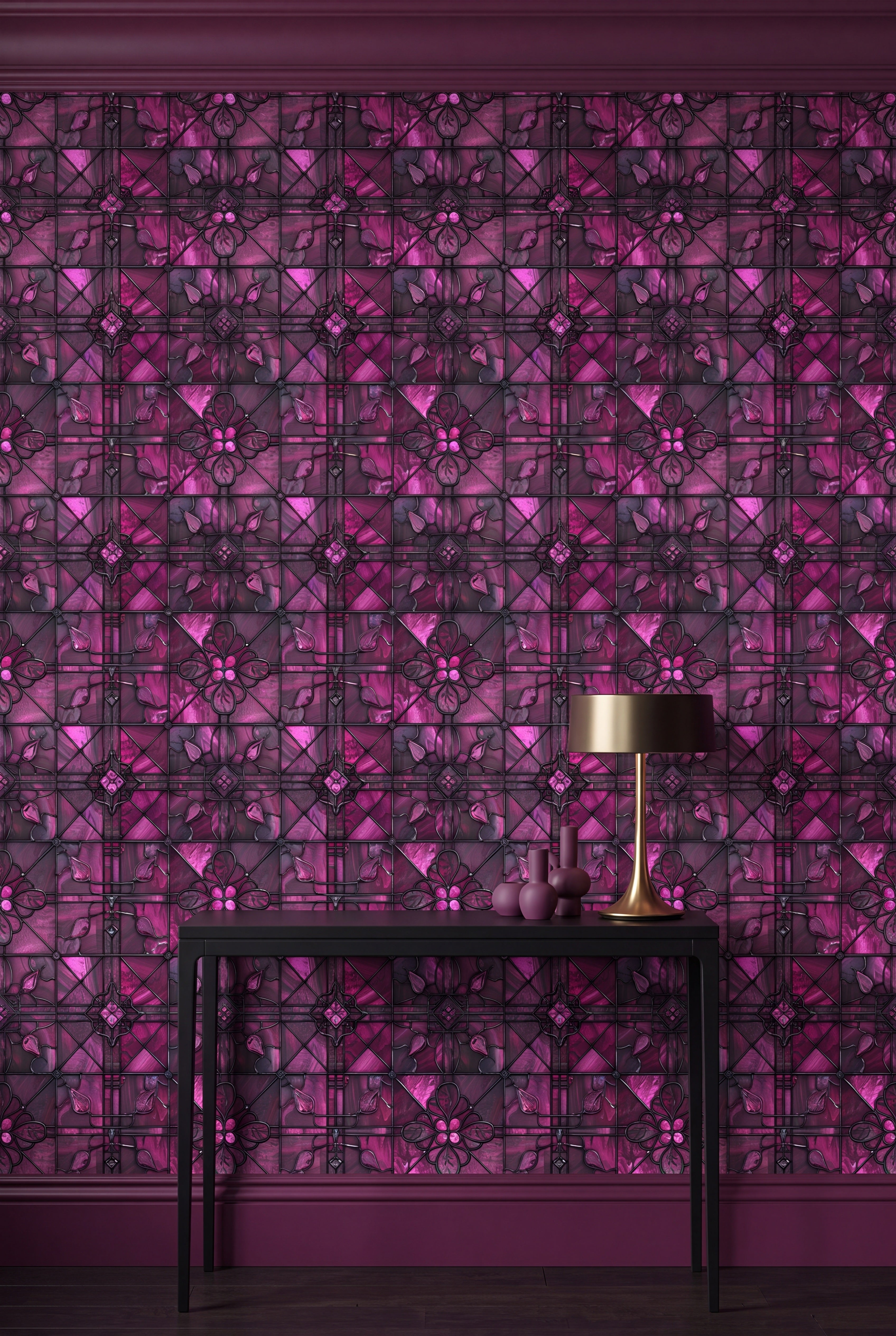 Swirling magenta and purple stained-glass wallpaper on an accent wall.