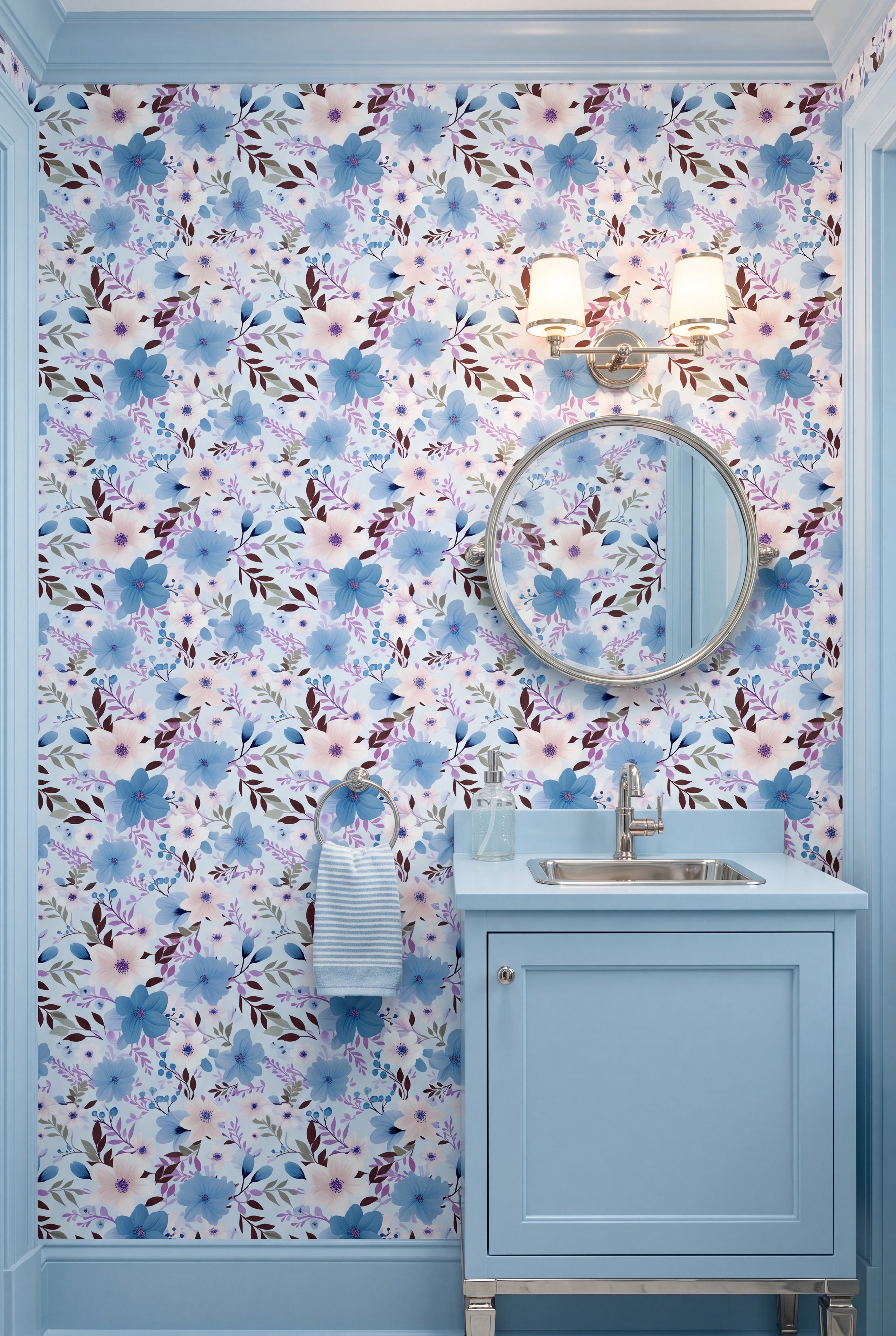 Soft blue and lilac blooms and sprigs on light wallpaper in a powder room.