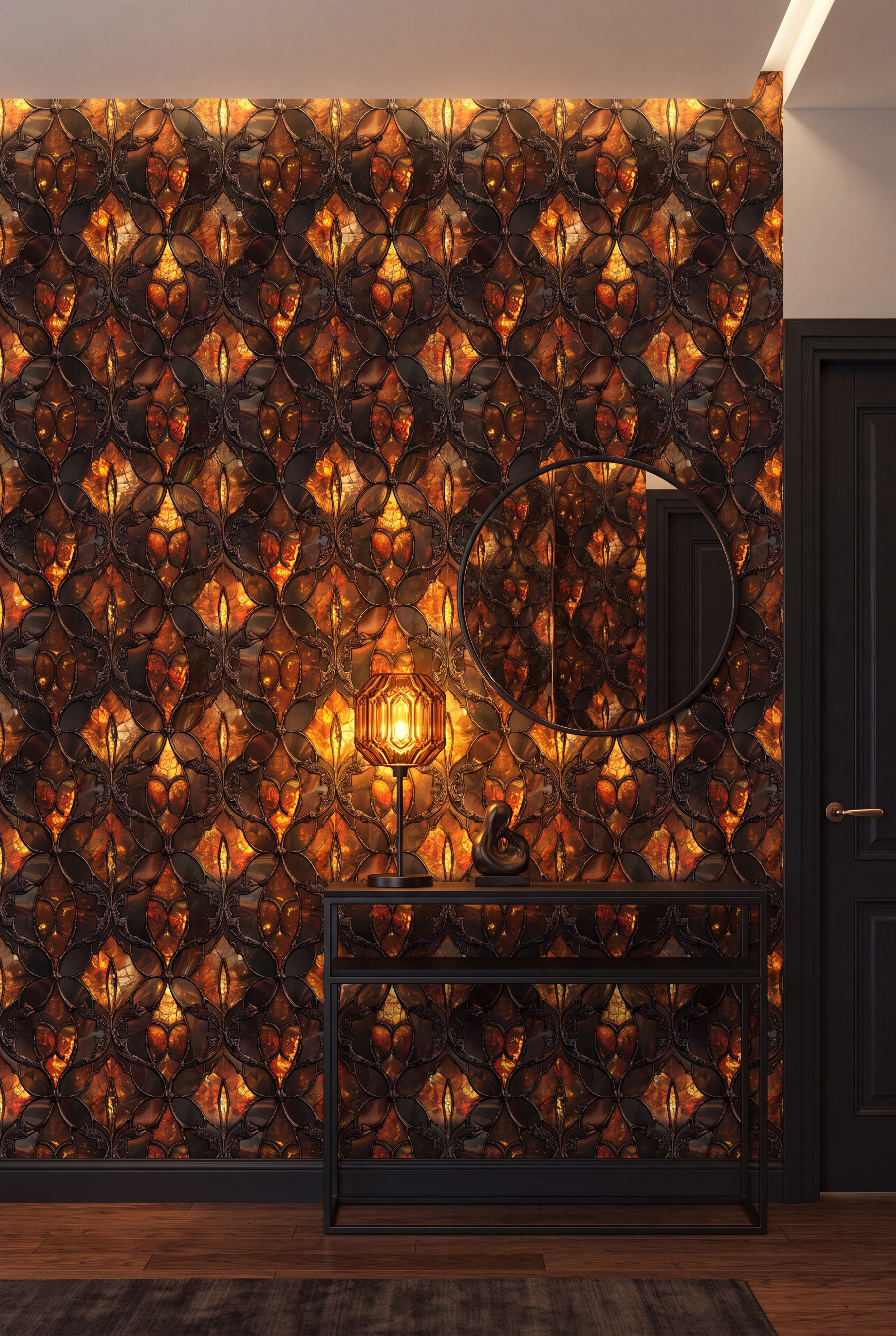 Amber and brown faux stained-glass wallpaper with black leading on an accent wall.
