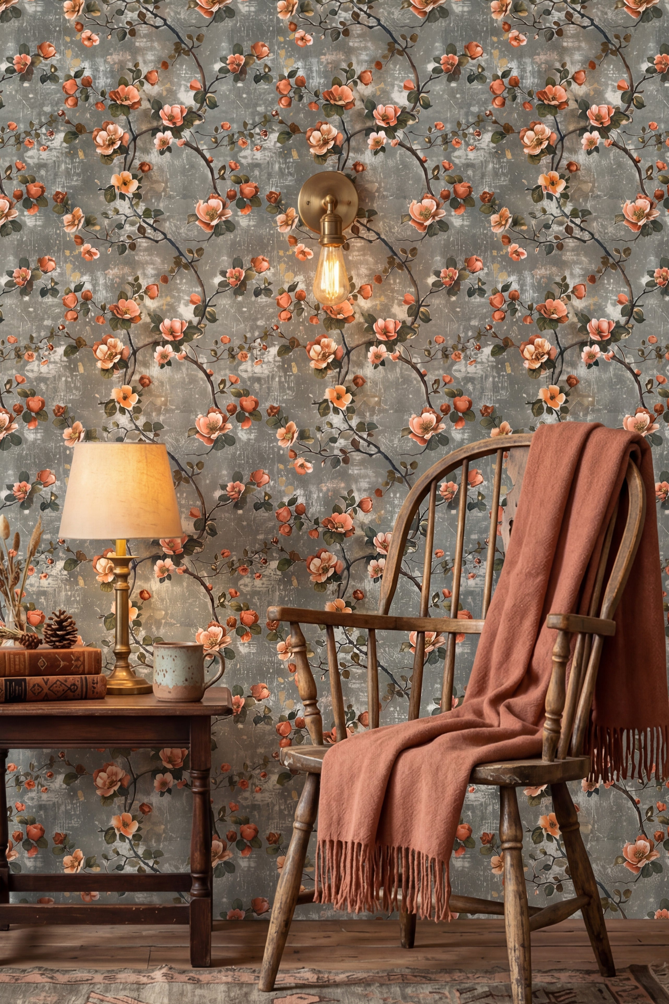 Coral and peach blossoms on distressed gray wallpaper in a reading corner.