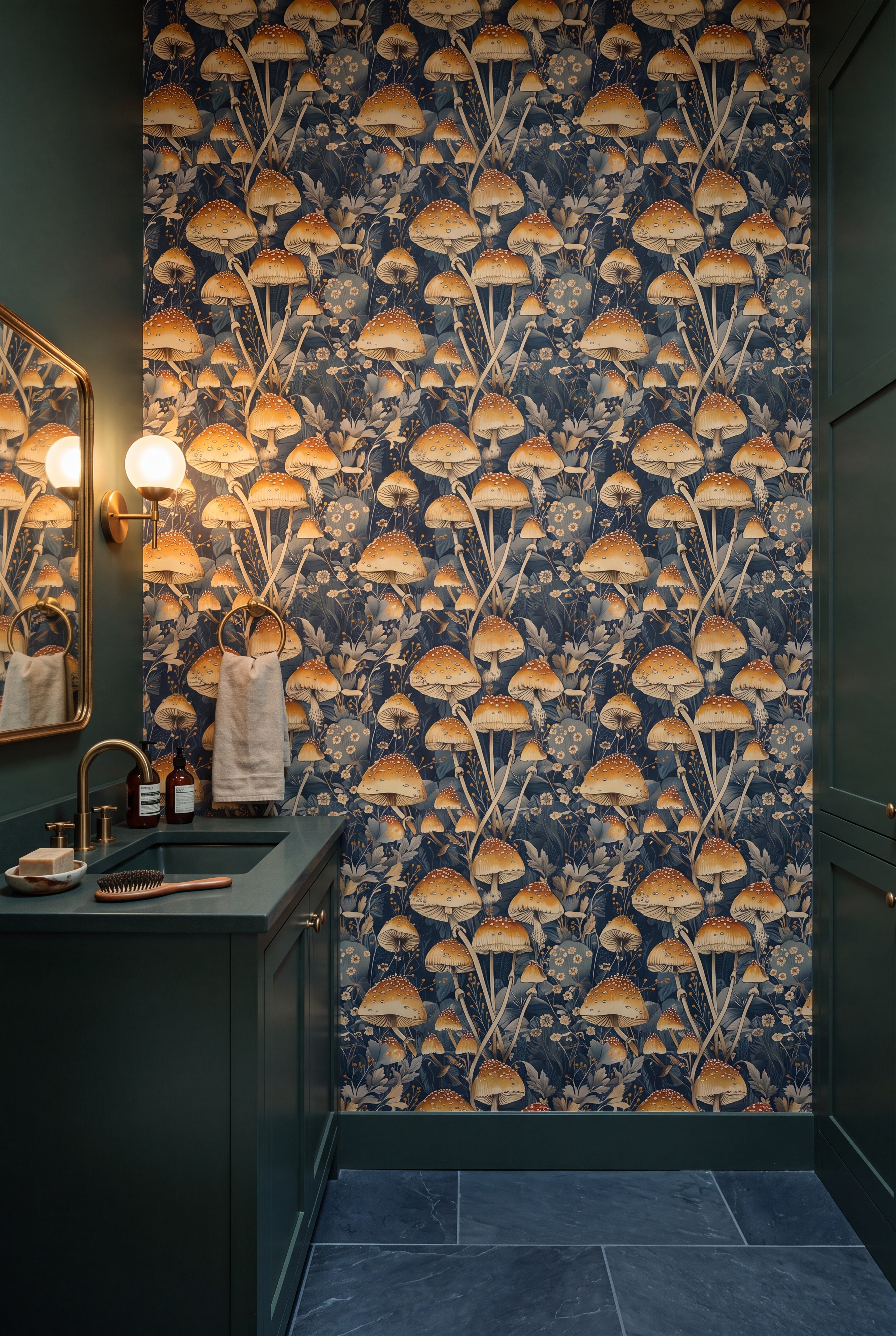 Golden dotted mushrooms and small blooms on deep navy wallpaper in a powder room.