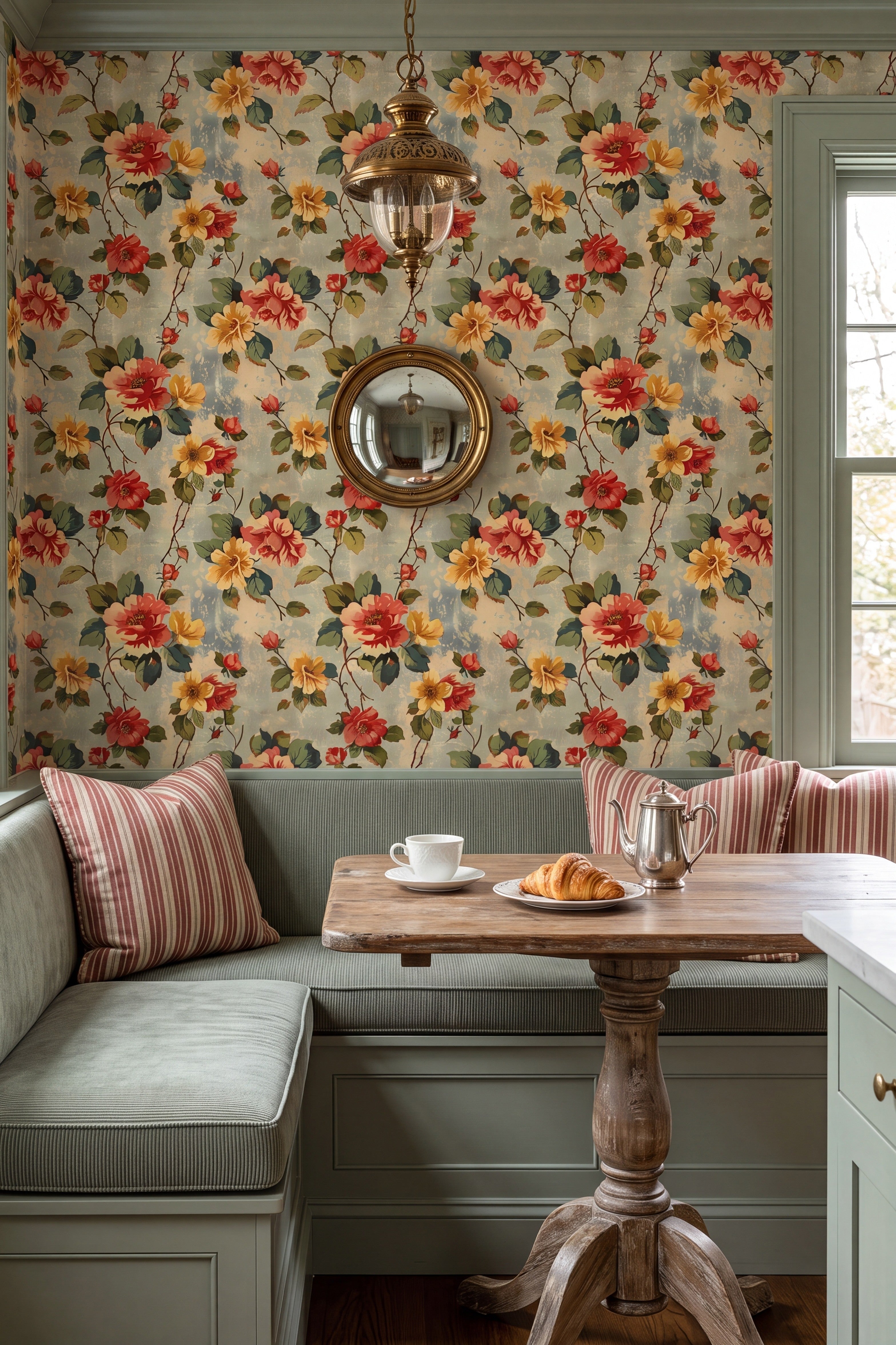 Yellow, coral, and red blooms on a distressed neutral vintage wallpaper in a cozy nook.