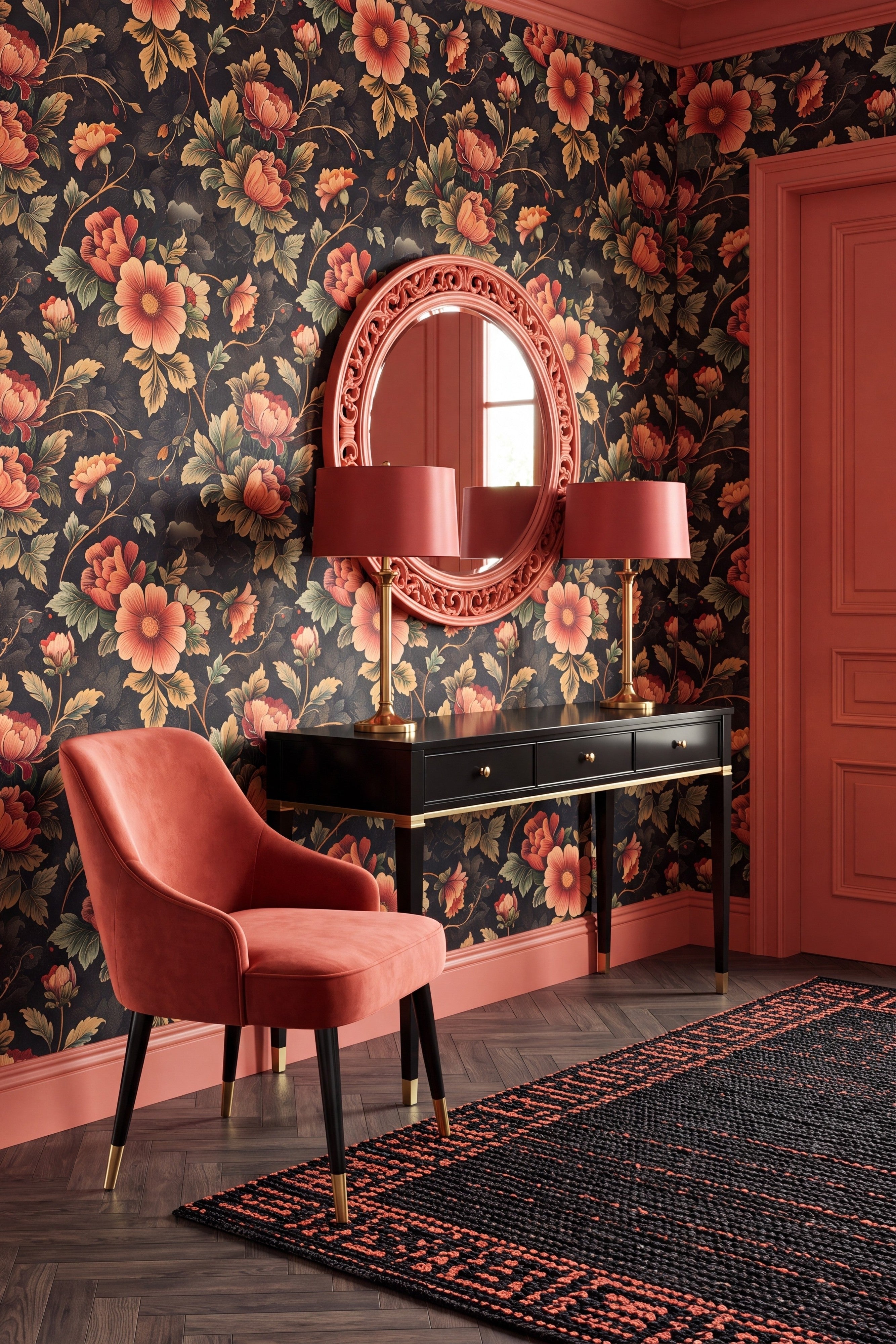 Dark vintage floral wallpaper in red and orange in an entryway.