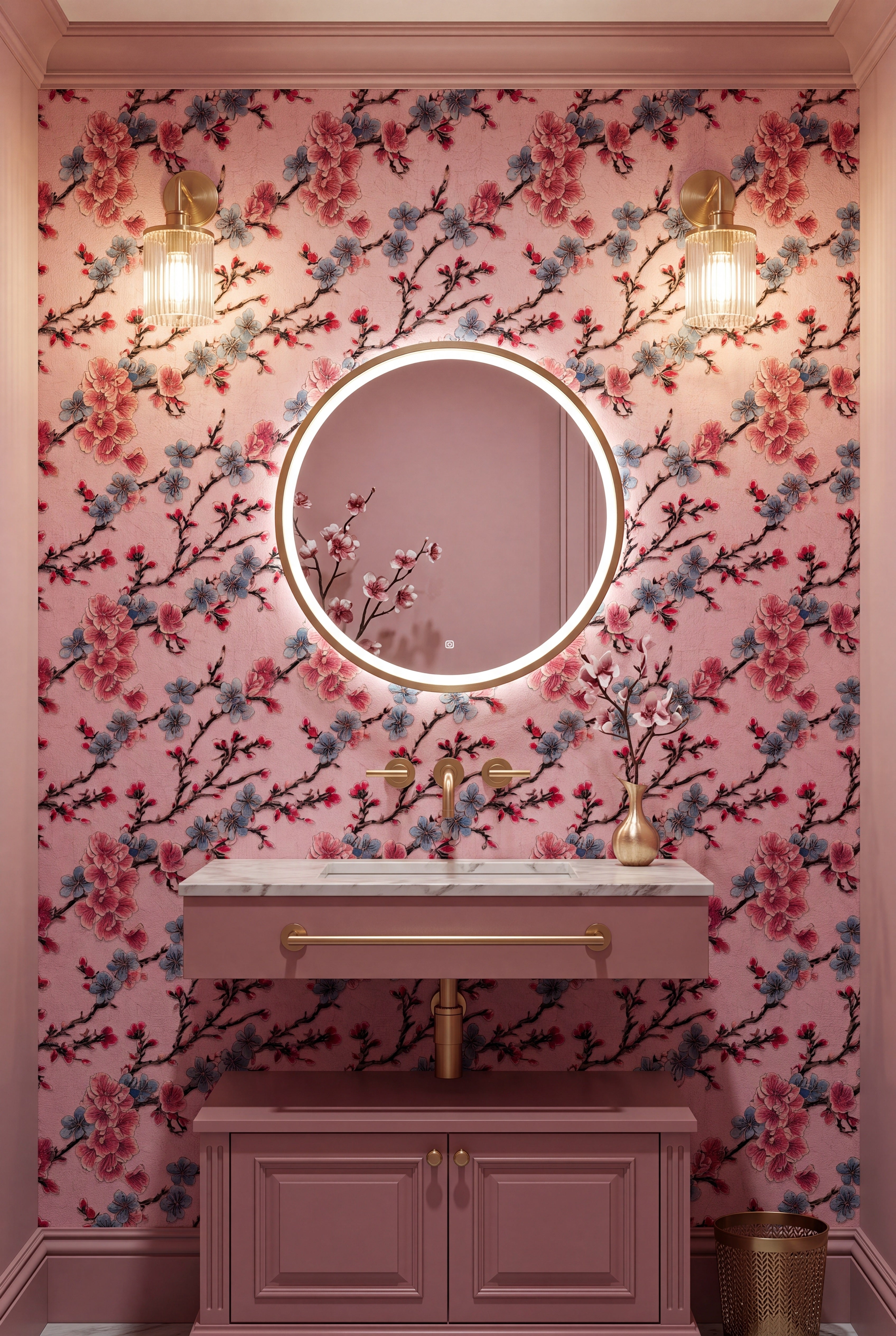 Soft pink cherry blossom branches on a tonal pink wallpaper in a powder room.