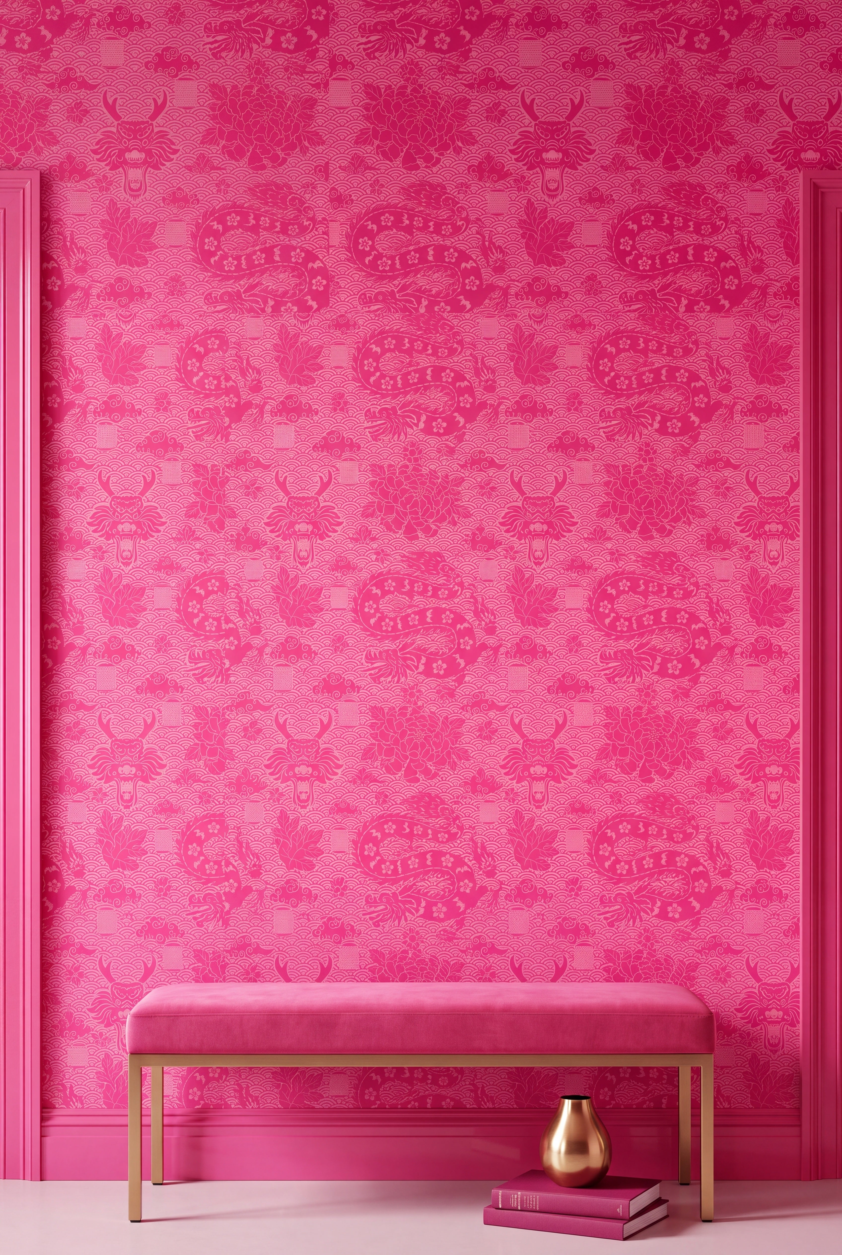 Hot pink dragons and lanterns wallpaper on an accent wall.