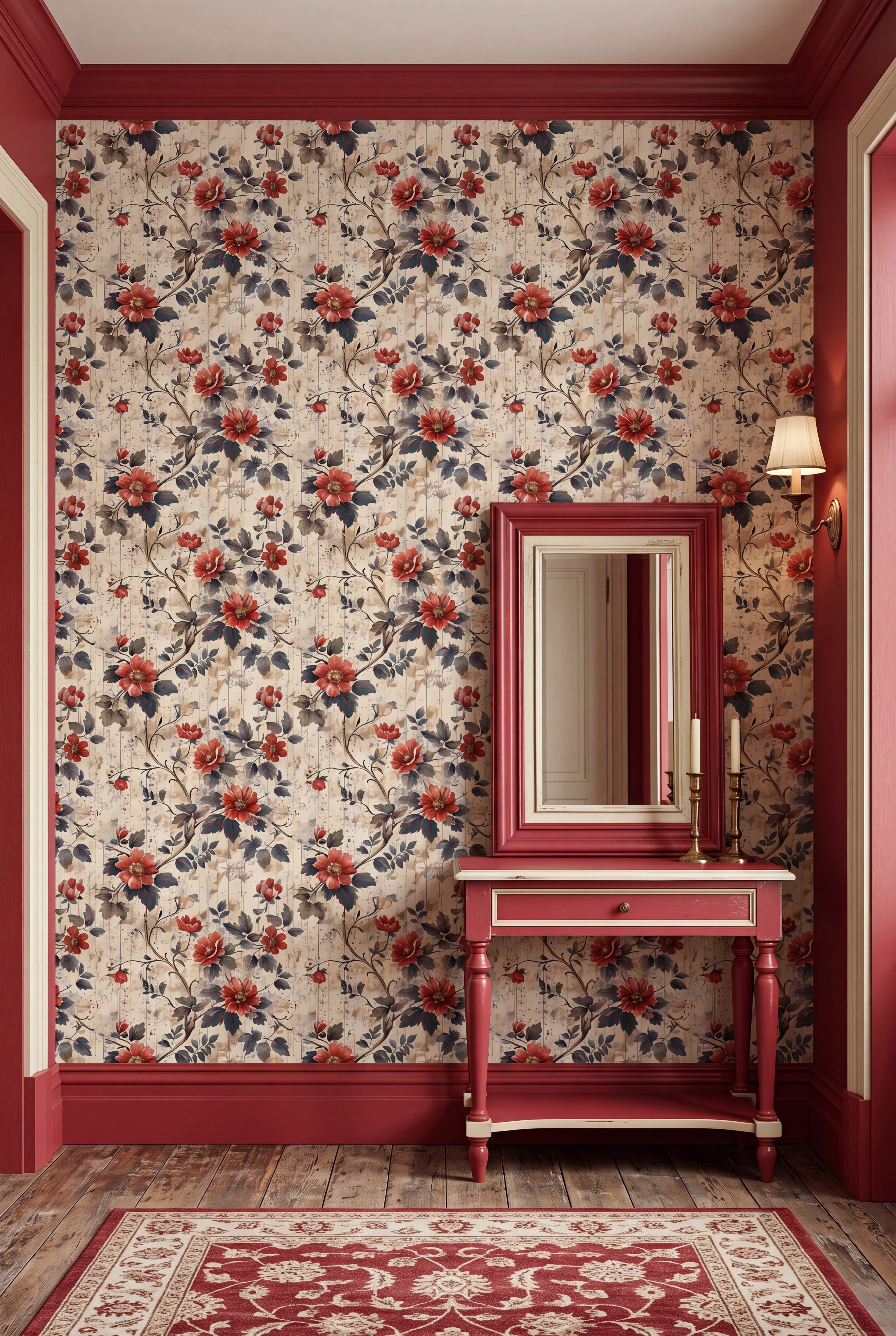 Red and coral roses on distressed cream wood-plank wallpaper in an entryway.