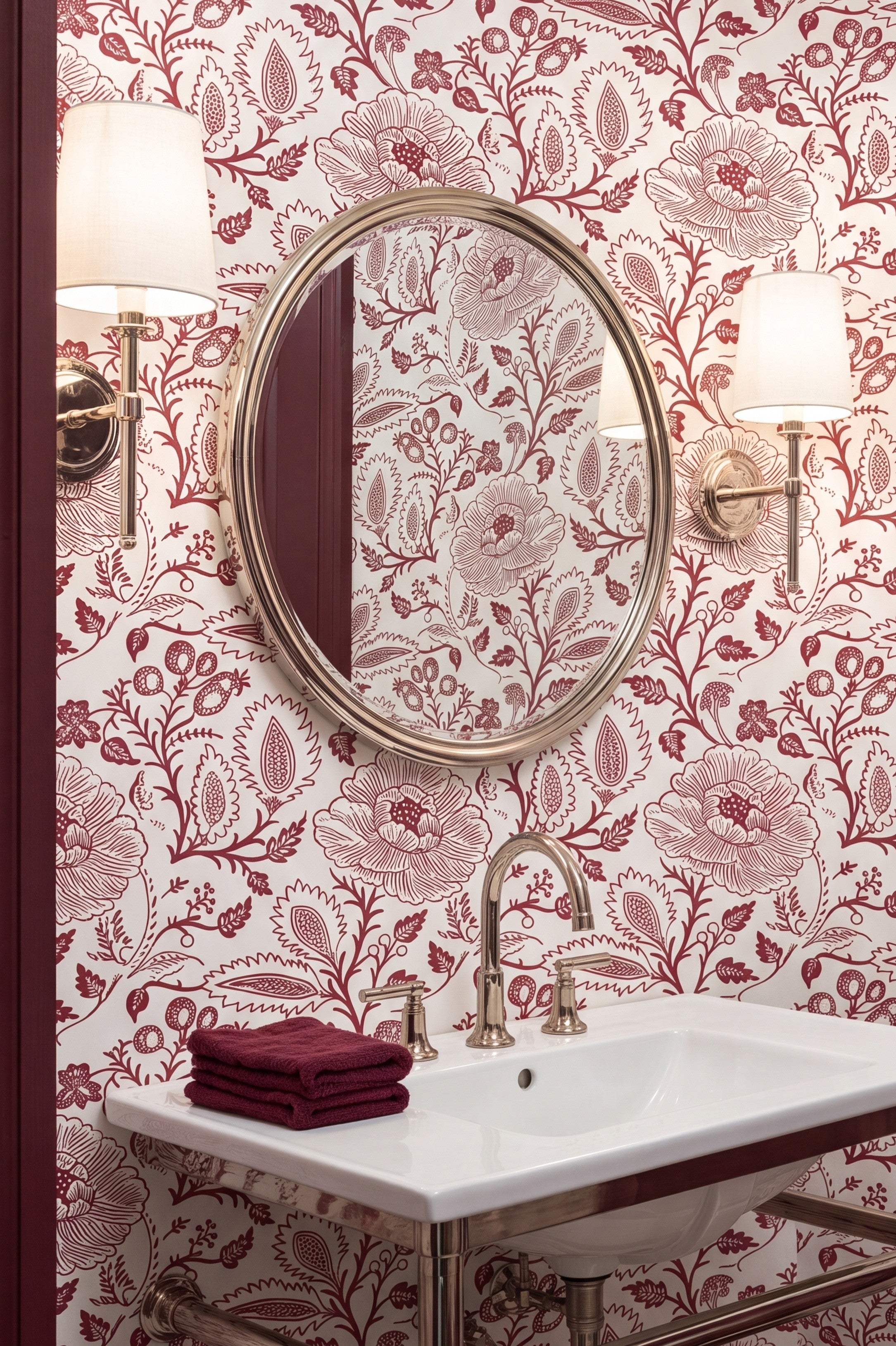 Intricate red folk florals in a vintage block-print wallpaper in a powder room.