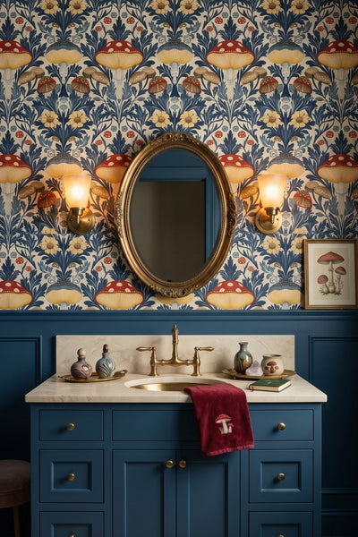 Green winding vines and heritage toadstools wallpaper in a powder room.