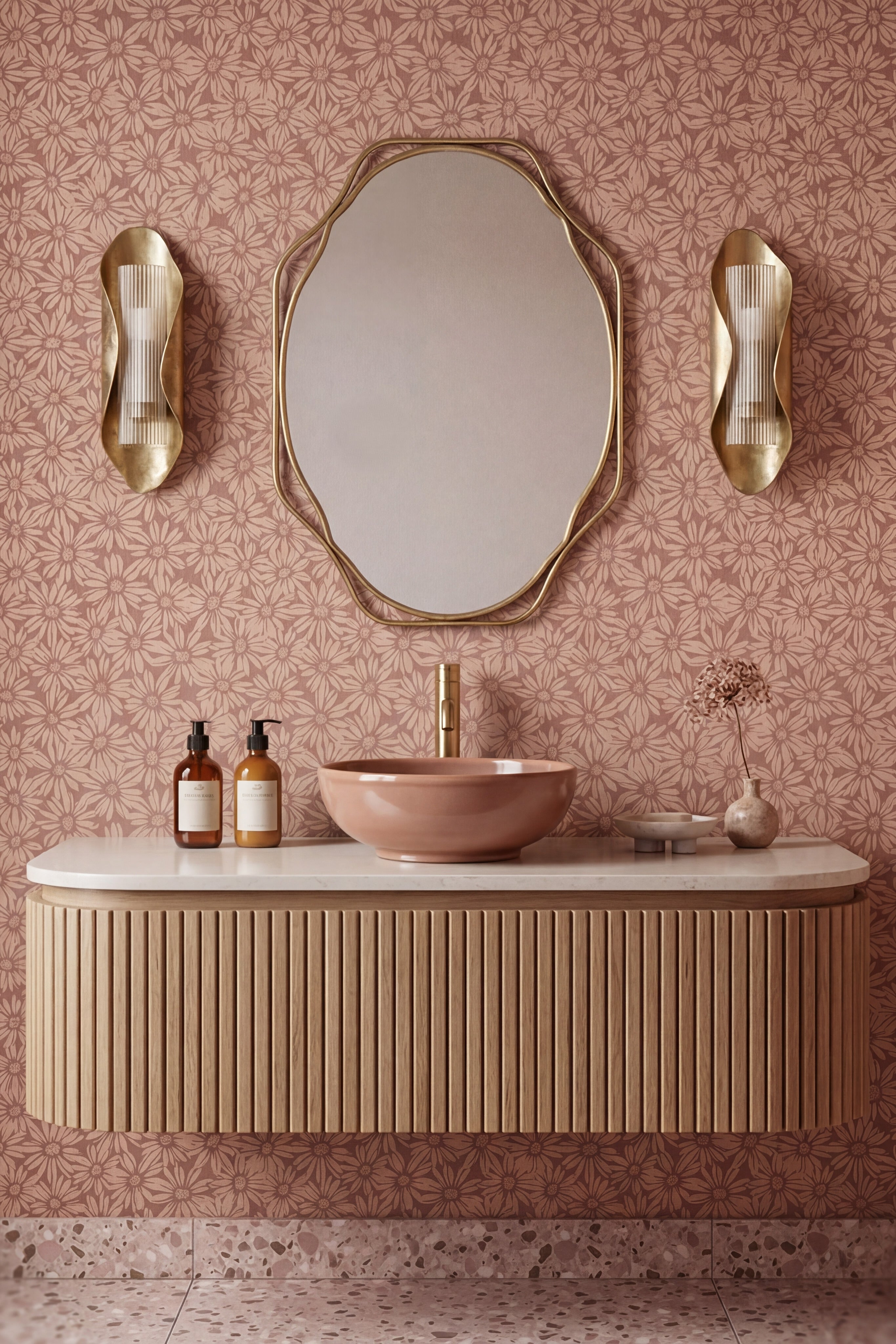 Warm clay and blush daisies on an earthy retro wallpaper in a powder room.