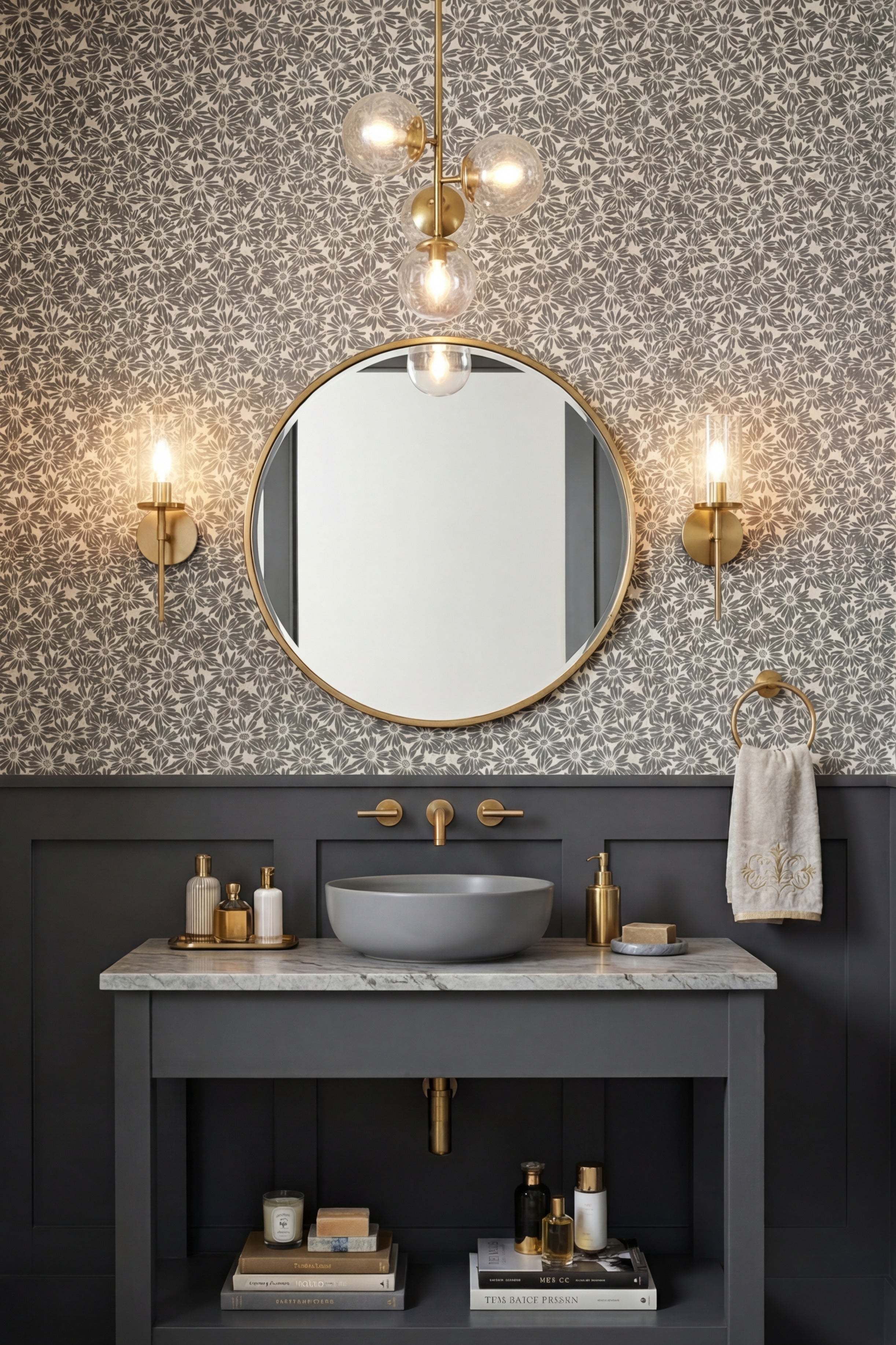 Soft gray daisies on an off-white floral wallpaper in a powder room.