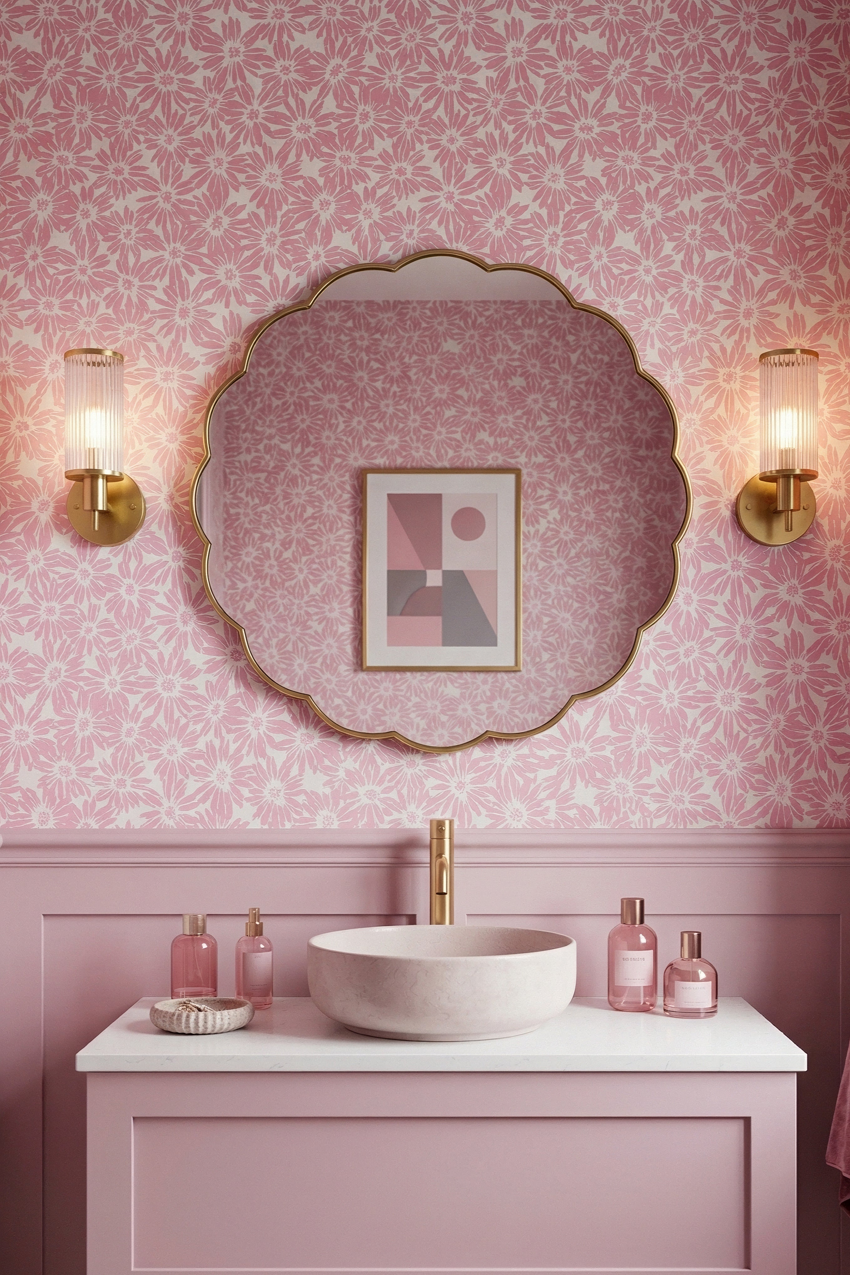 Blush-pink daisies on a bright white wallpaper in a powder room.