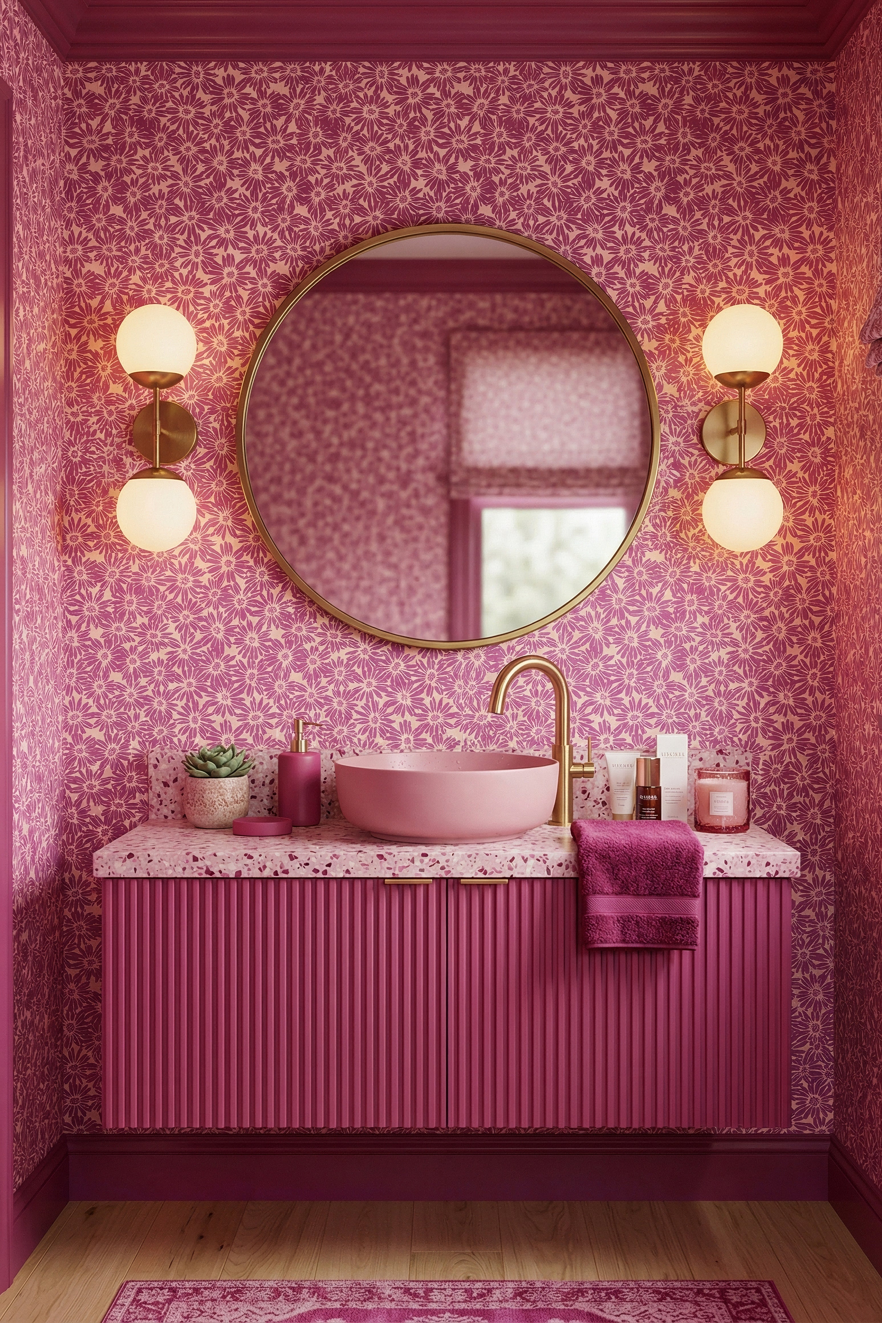 Saturated magenta daisies on a soft blush wallpaper in a powder room.