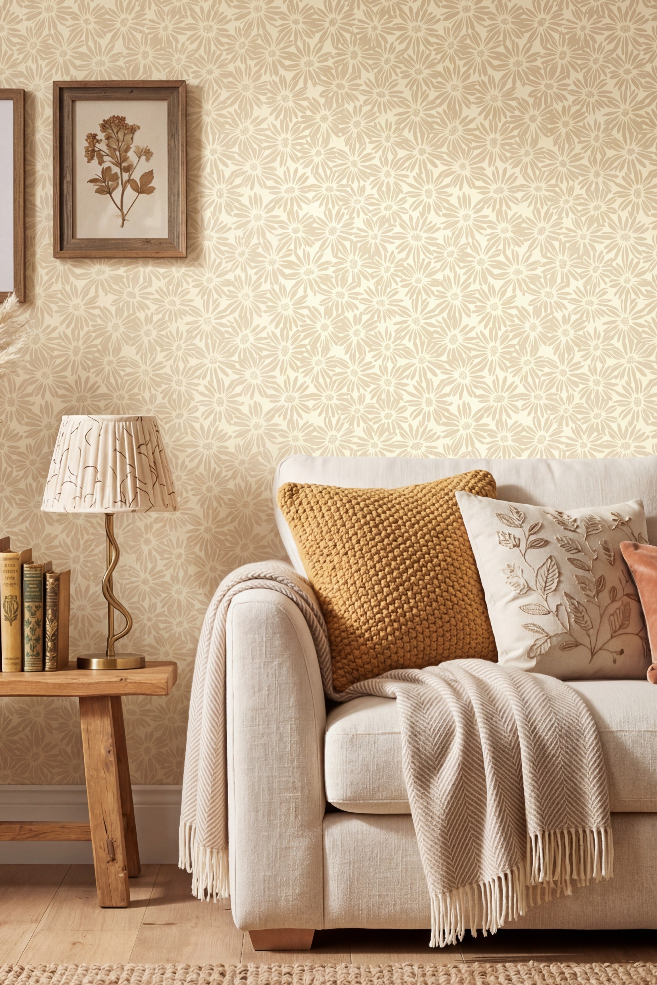 Warm beige daisies on a creamy tonal wallpaper in a living room.
