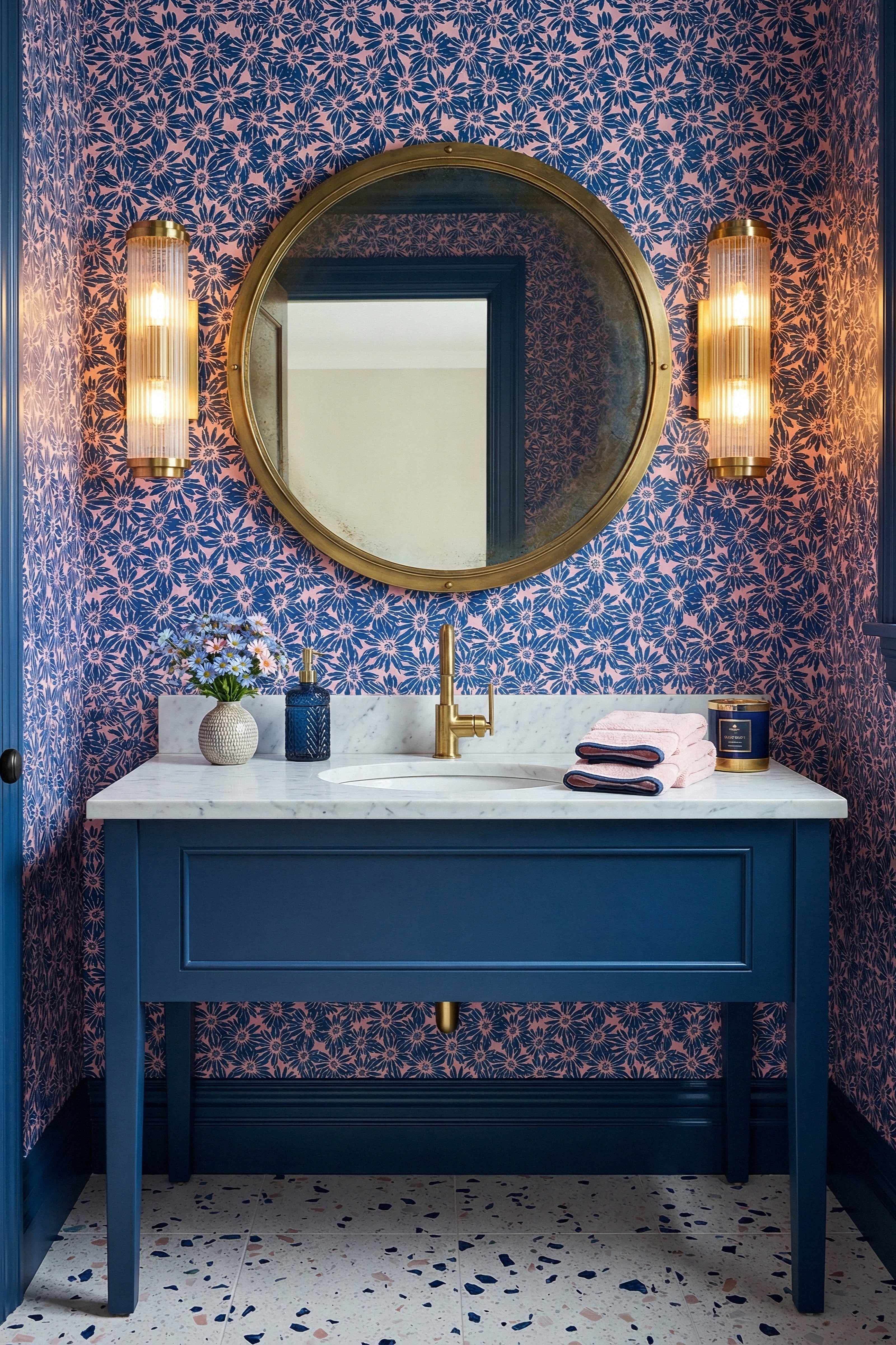 Navy daisy silhouettes on a soft pink wallpaper in a powder room.