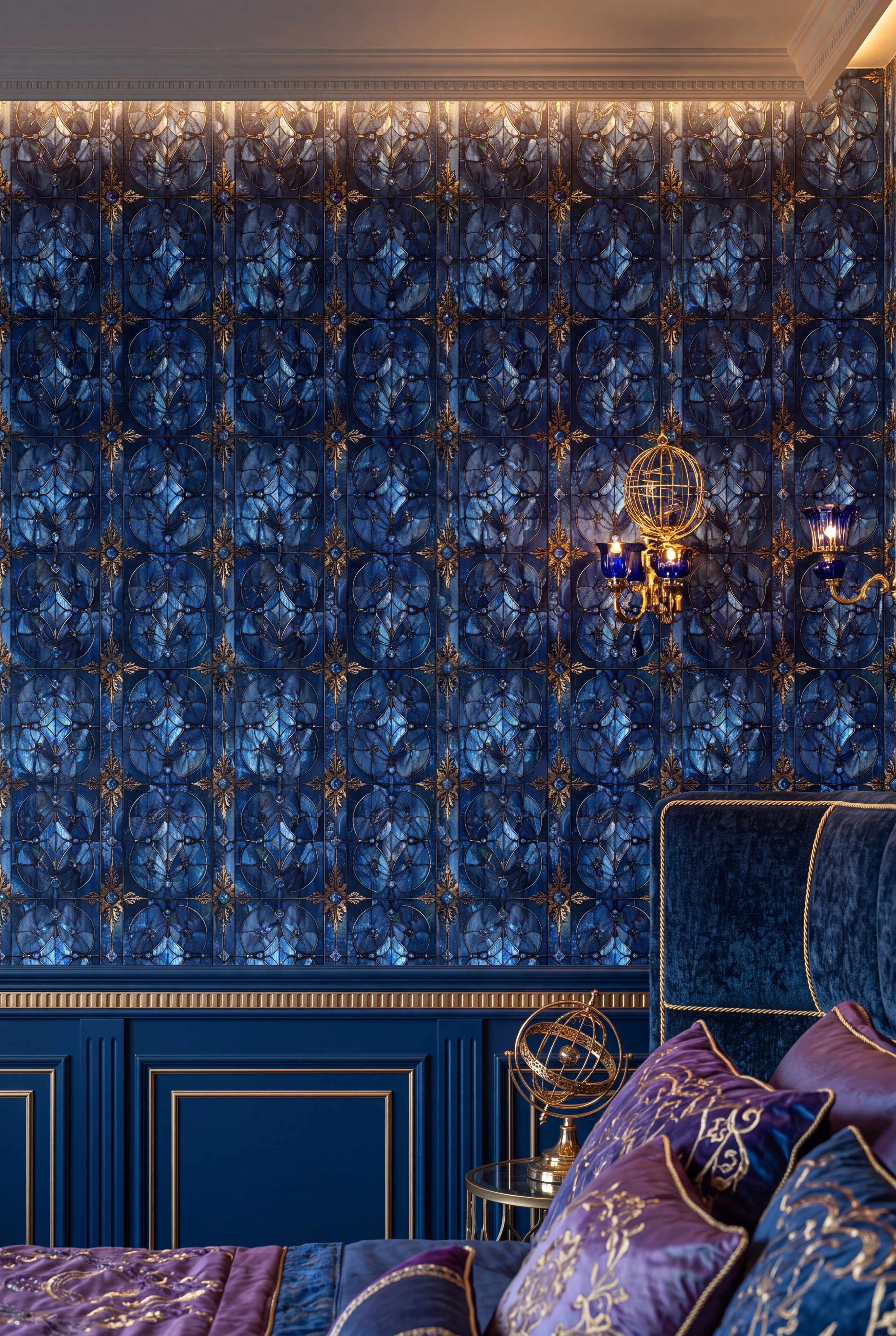 Faux stained-glass tiles in navy and cobalt on a wallpaper in a bedroom.