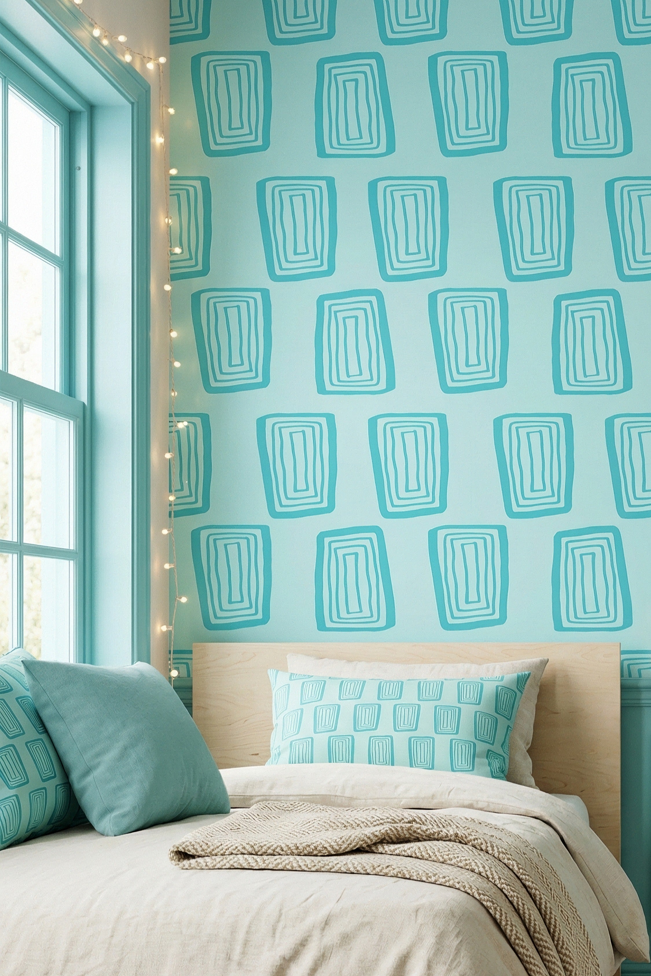 Bright aqua nested rectangles on a seafoam wallpaper in a bedroom.