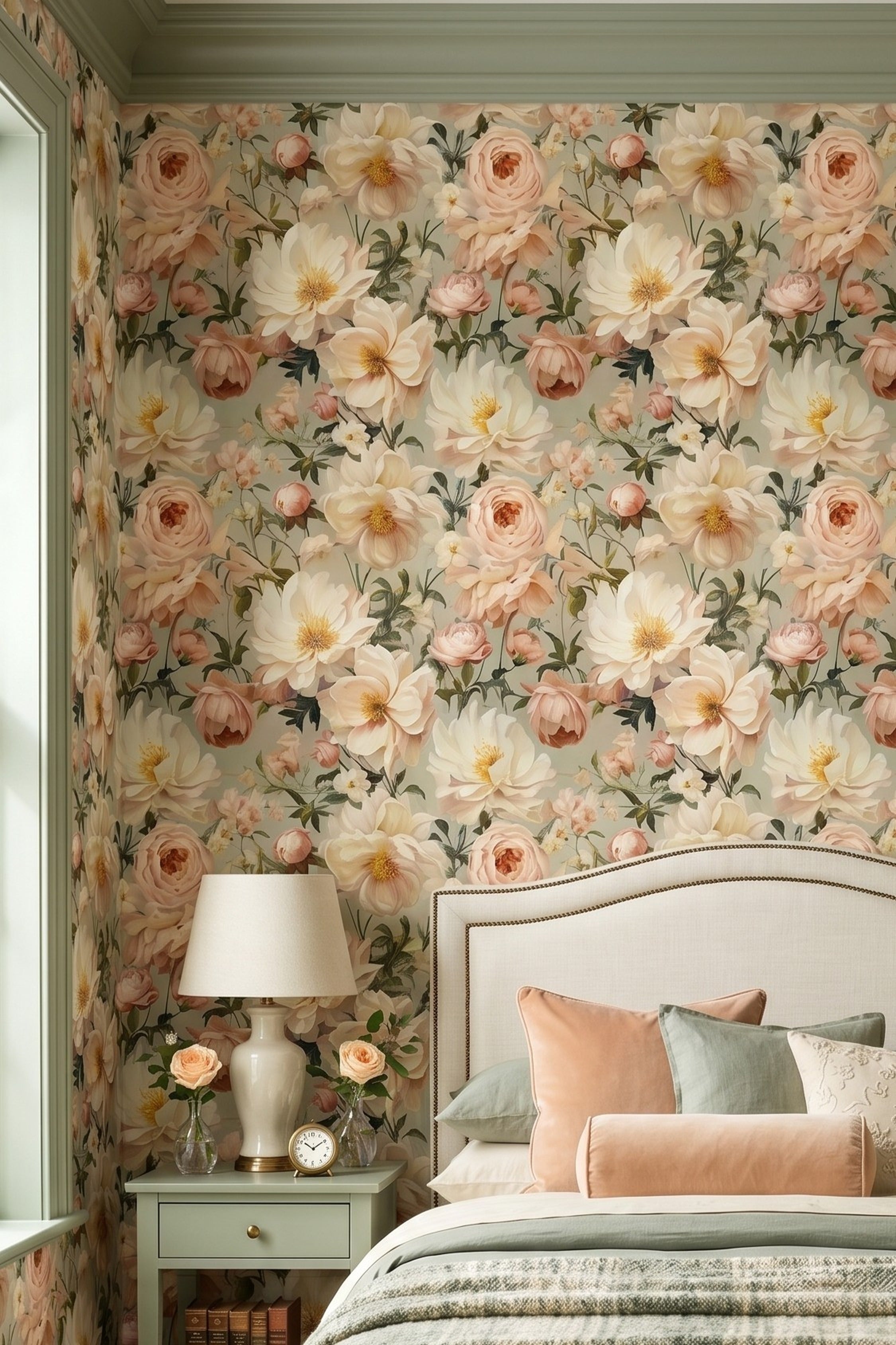 Delicate Victorian blossoms on a warm cream wallpaper in a bedroom.