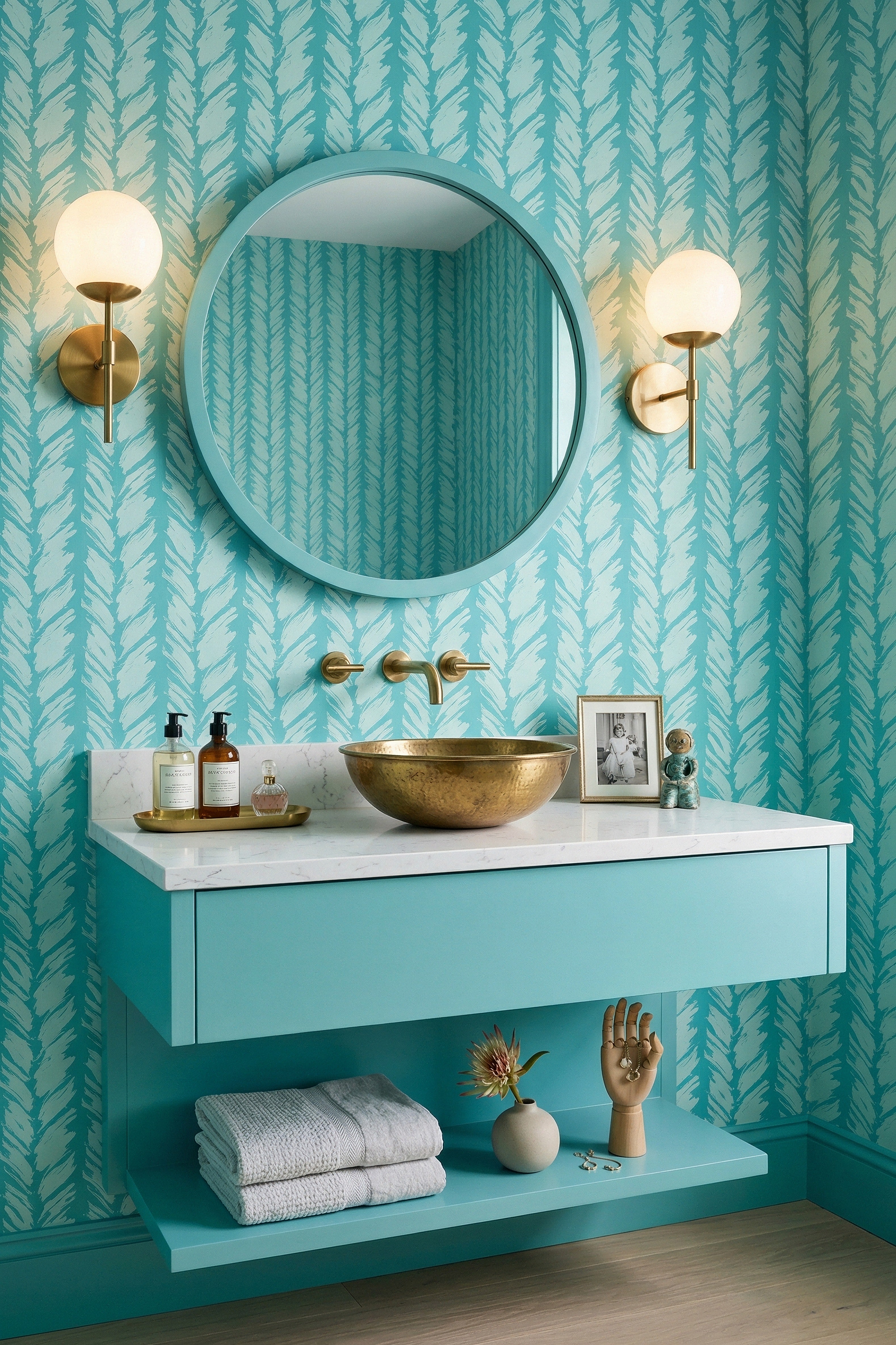 Pale green strokes on a bright aqua cabana-stripe wallpaper in a powder room.