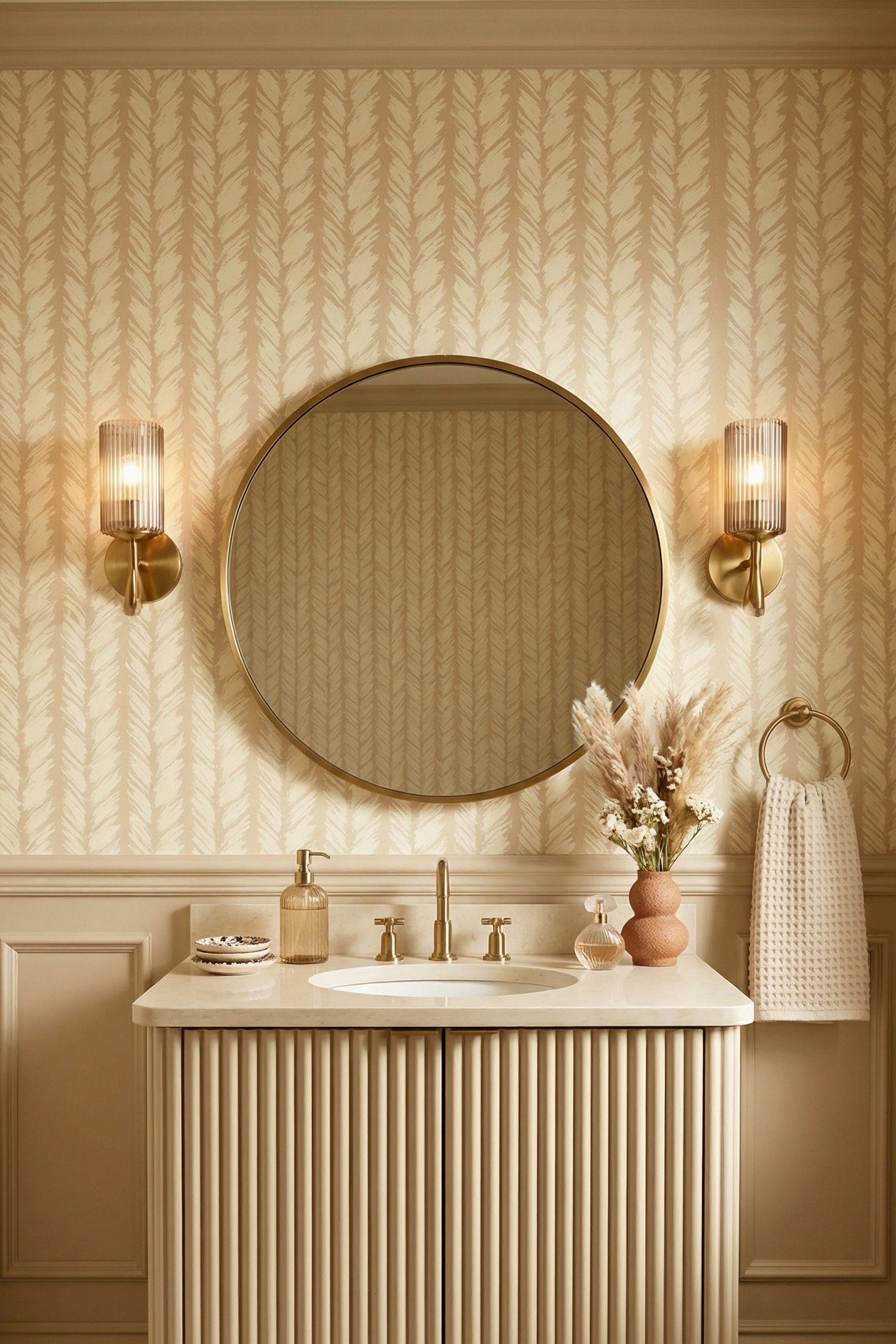 Cream brushstrokes on a warm beige striped wallpaper in a powder room.