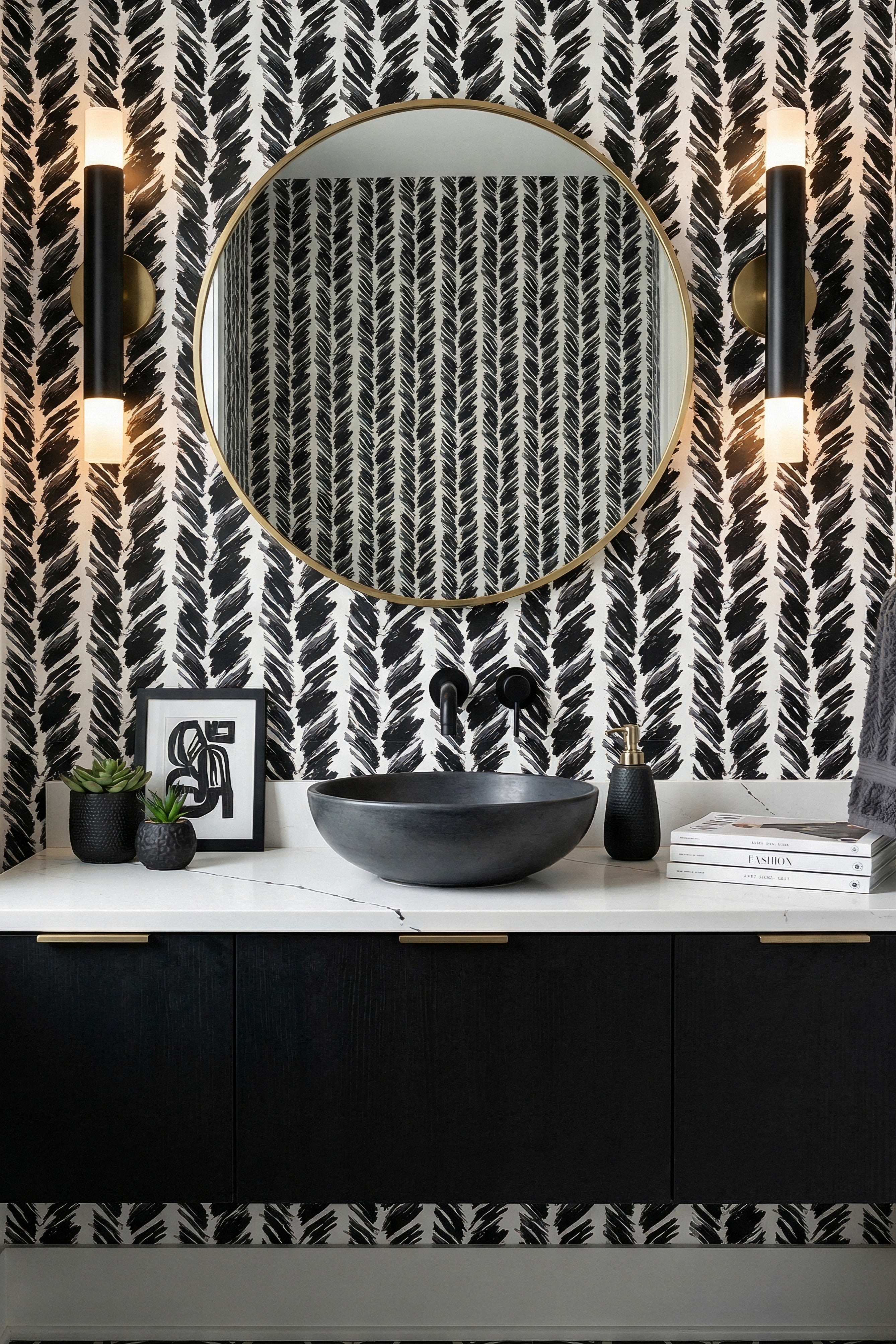Bold black brushstrokes on a crisp white striped wallpaper in a powder room.