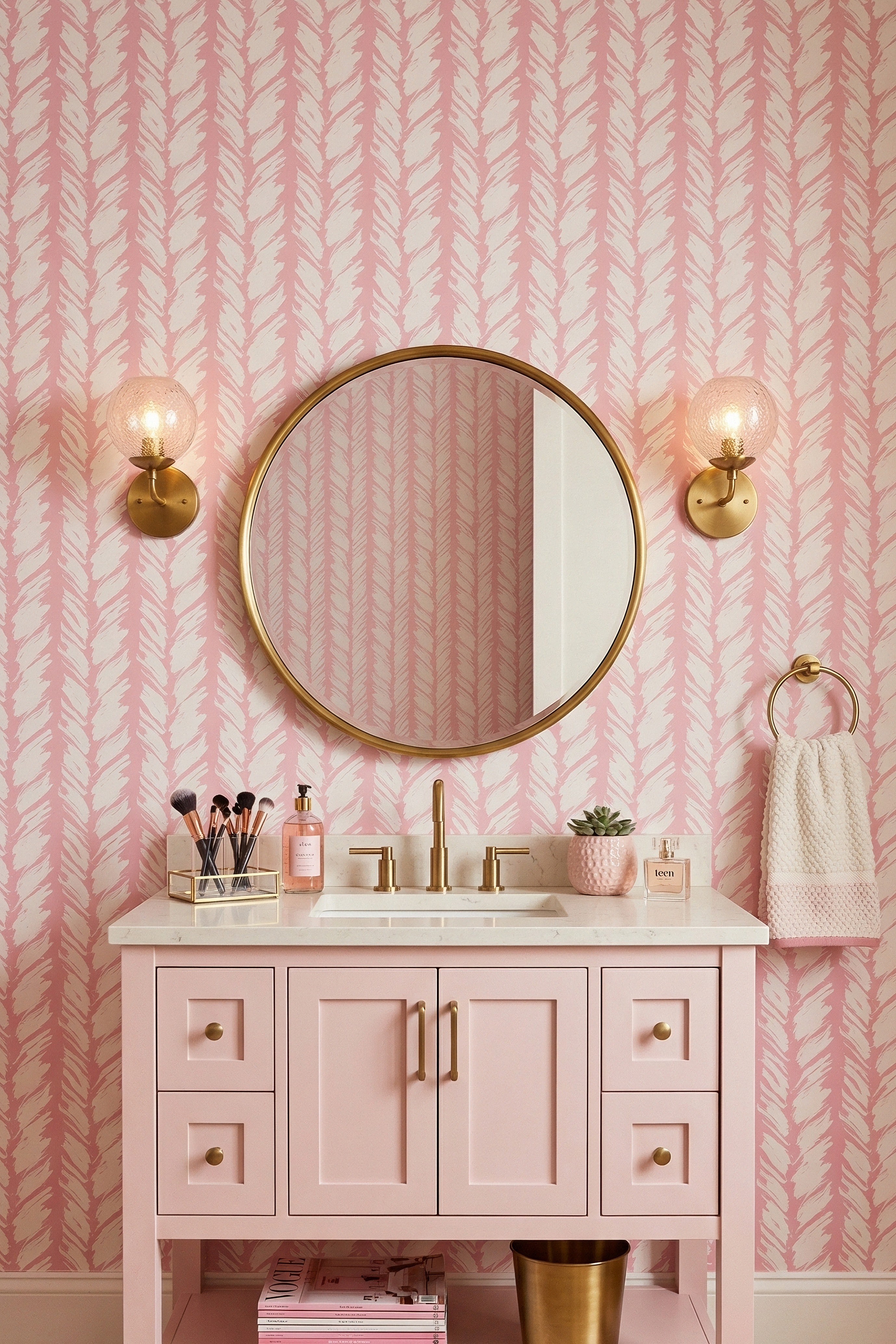 Soft white brushstrokes on a warm pink striped wallpaper in a powder room.