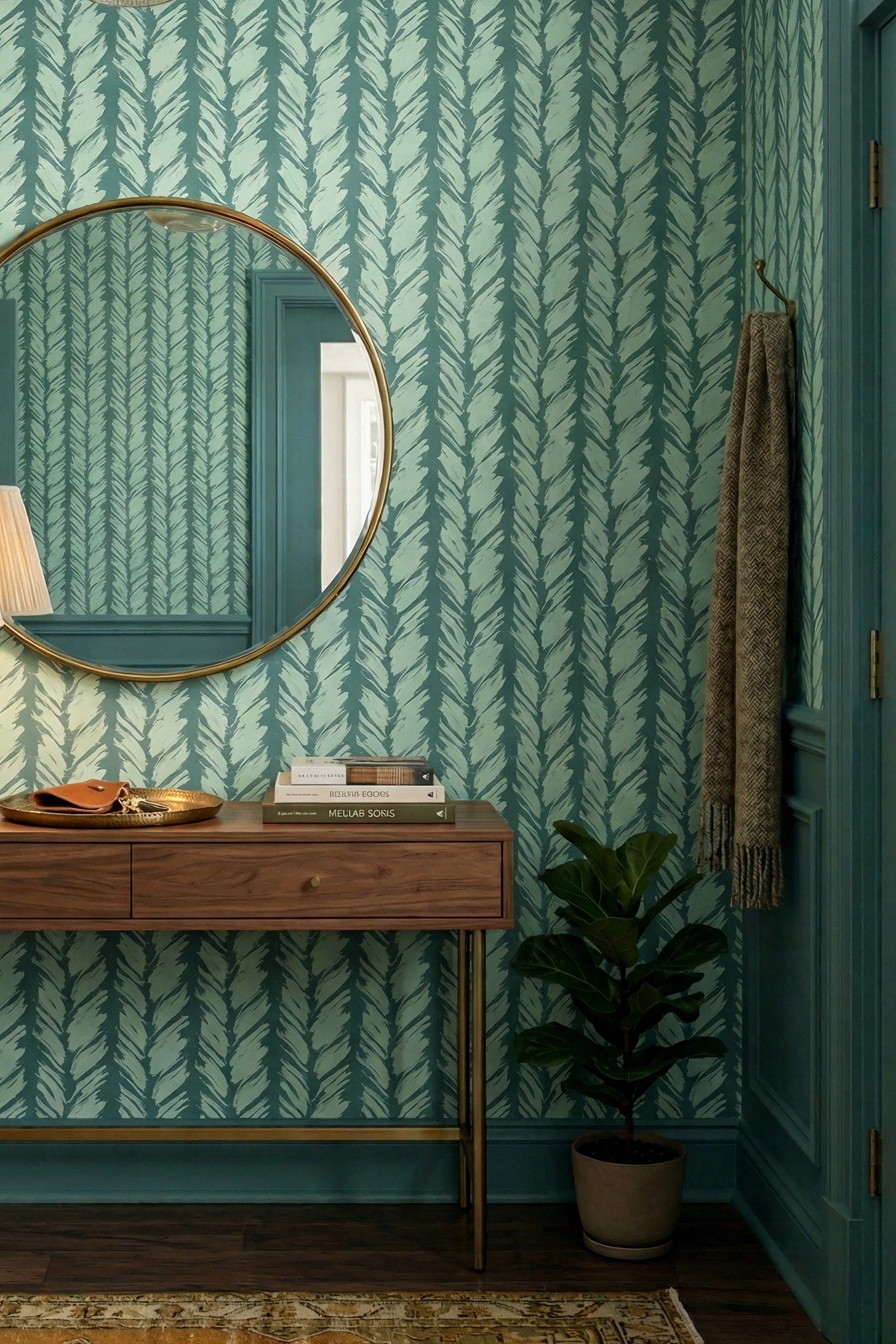 Pale mint brushstrokes on a deep sage striped wallpaper in an entryway.