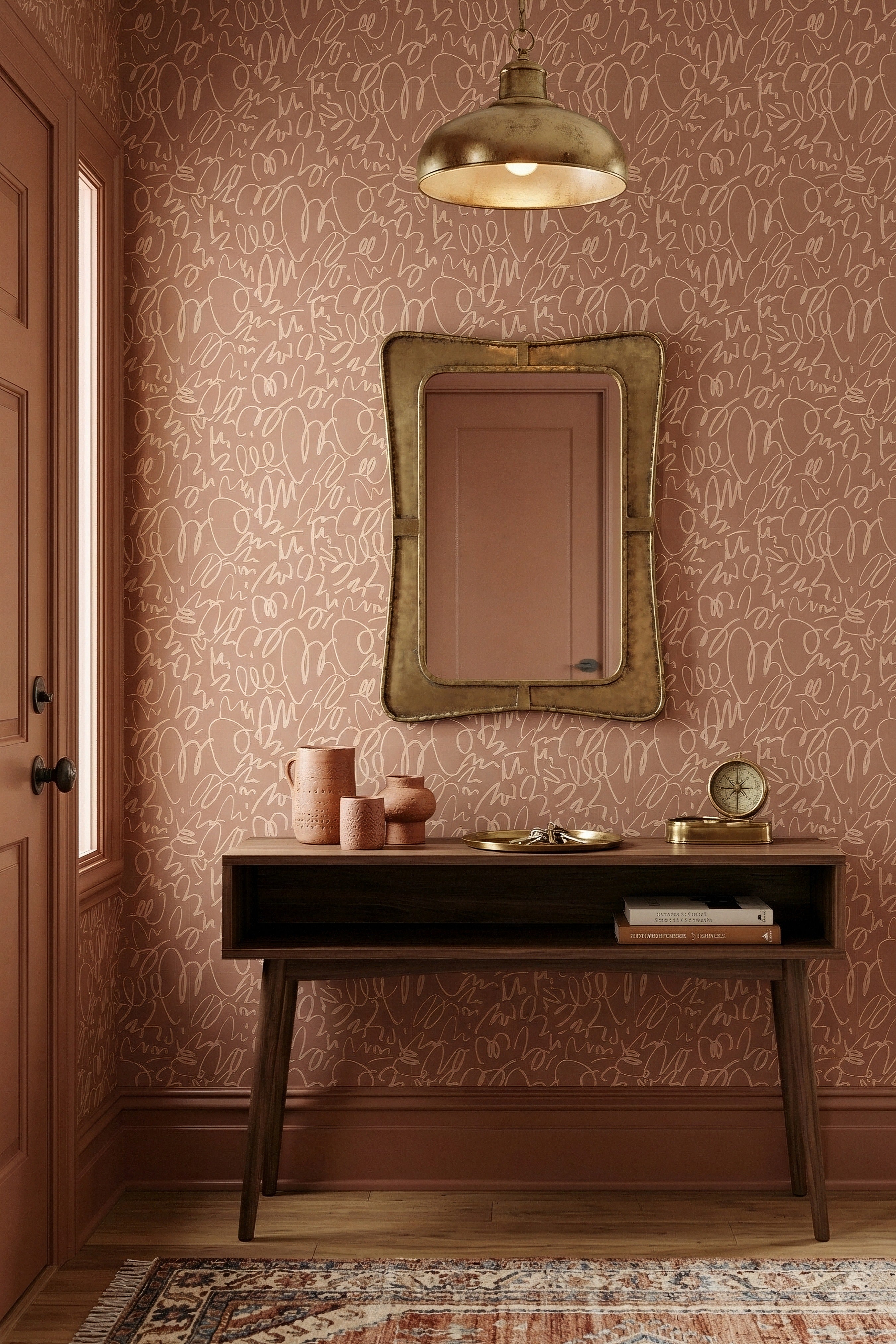 Soft mocha meandering lines on a warm terracotta doodle wallpaper in an entryway.