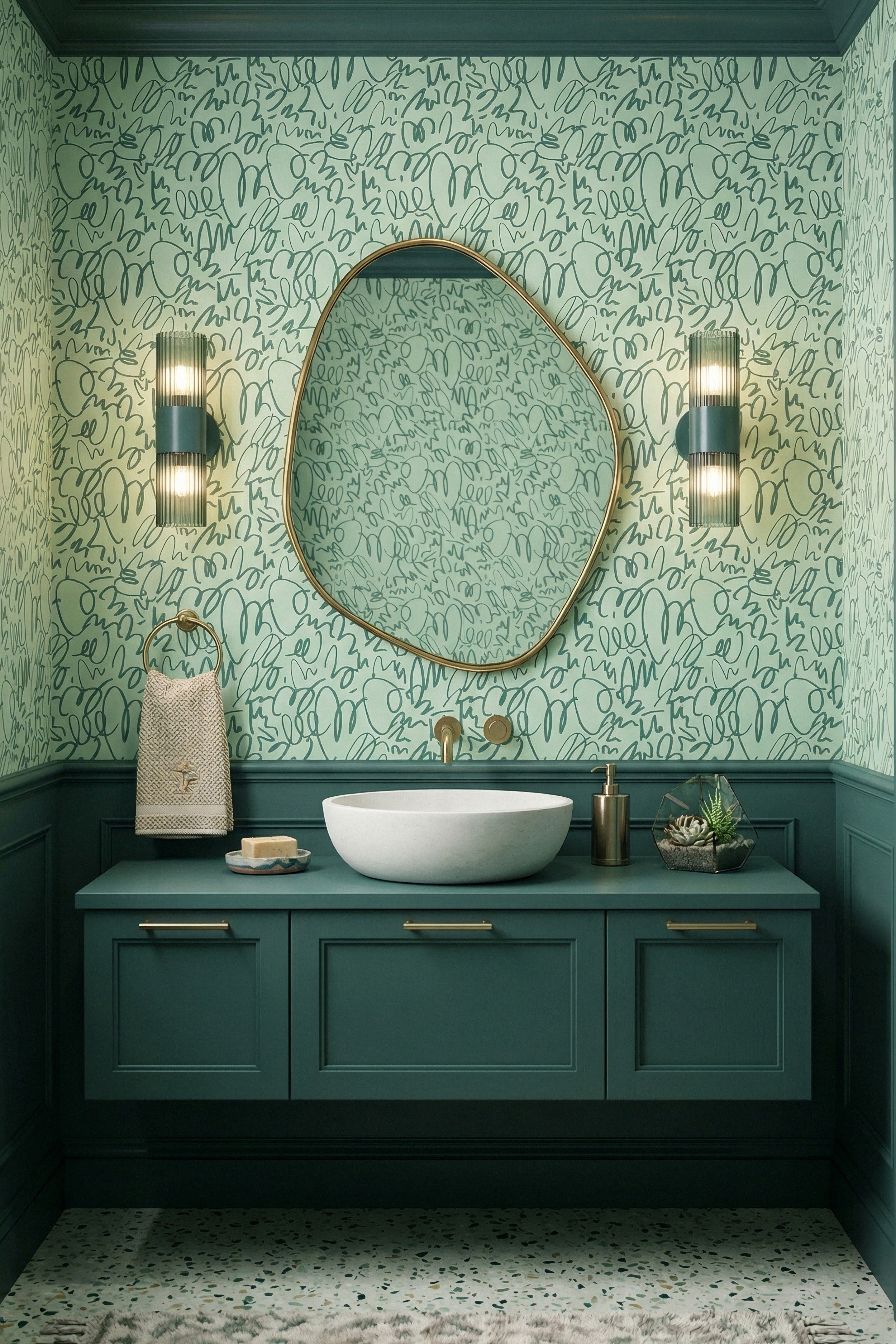 Deep sage scribbled lines on a pale mint wallpaper in a powder room.