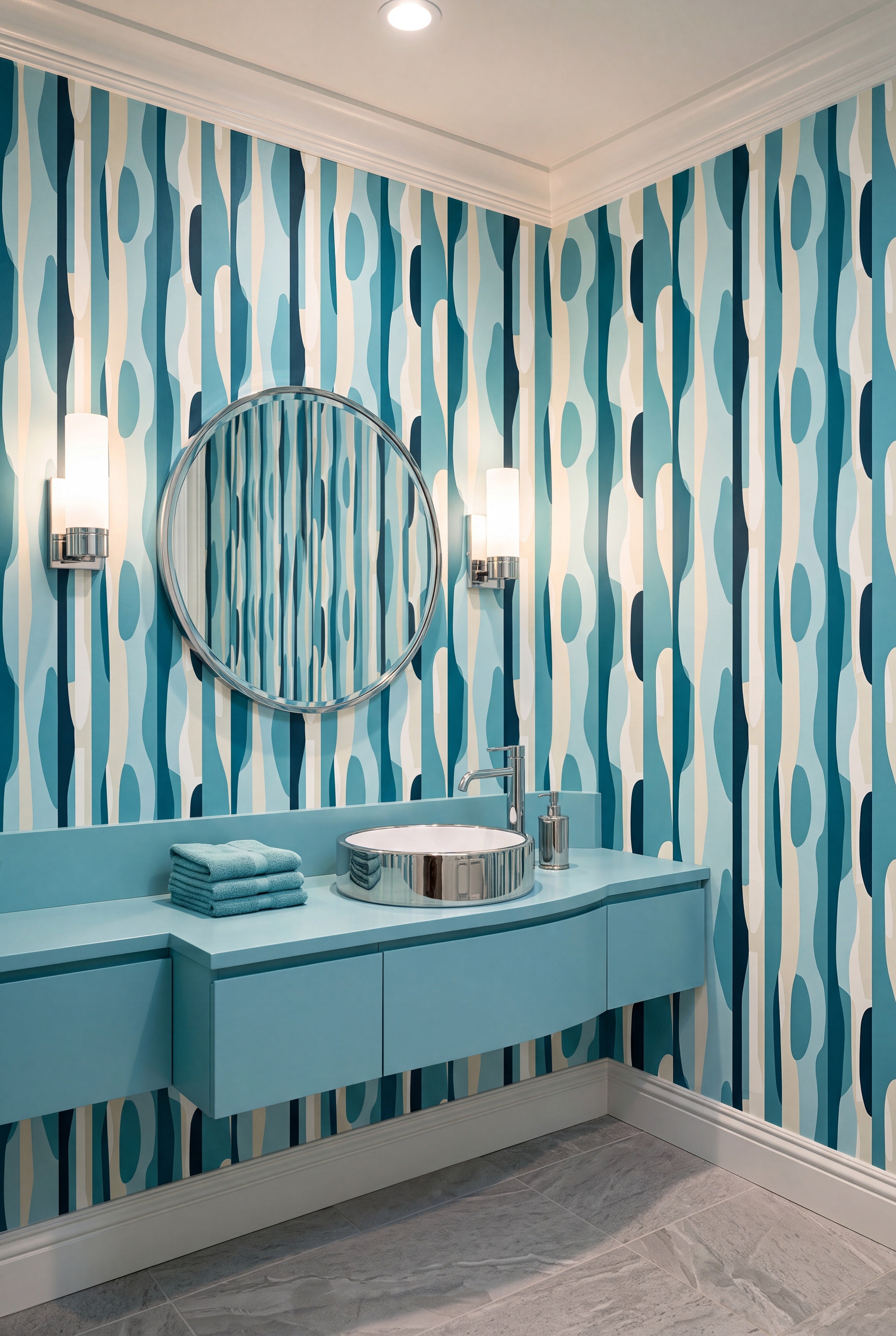 Layered retro blue stripes on a wavy seventies wallpaper in a powder room.