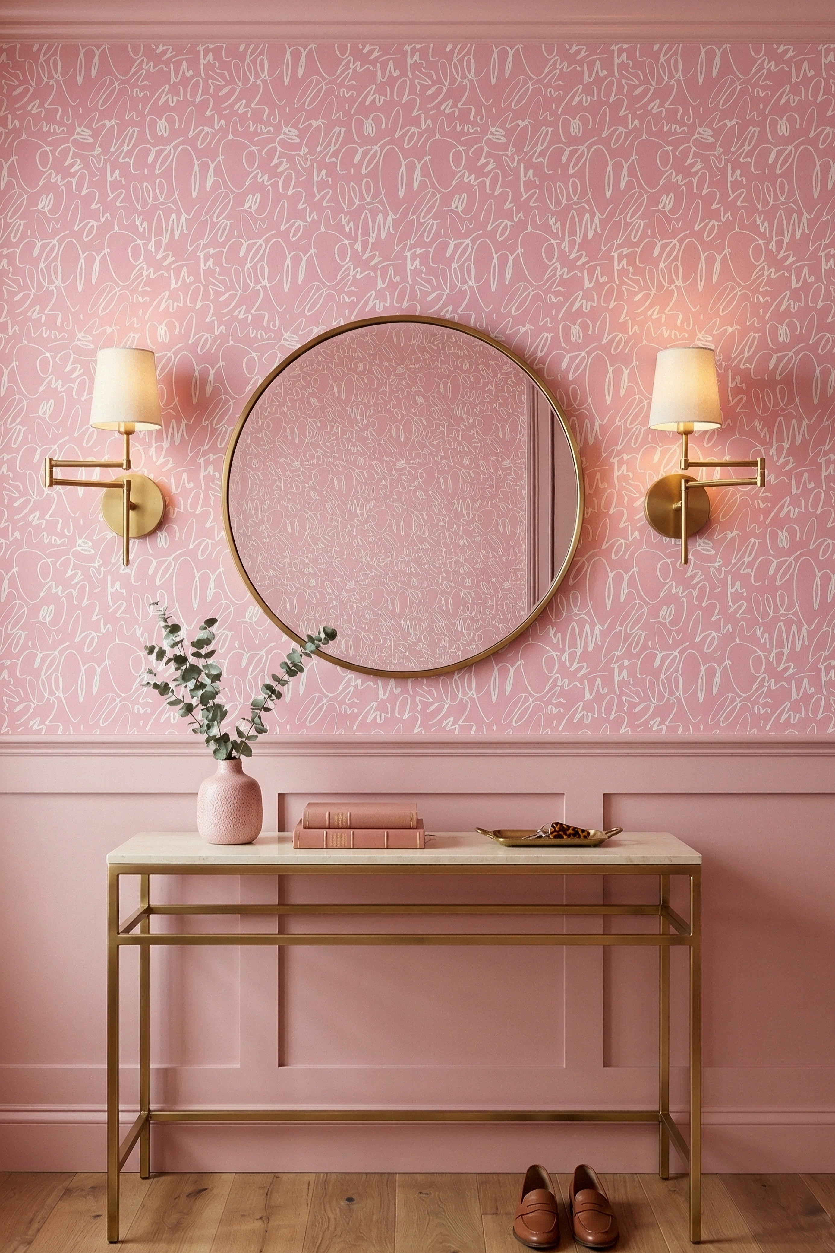 Looping doodles on a warm rosy pink wallpaper in an entryway.