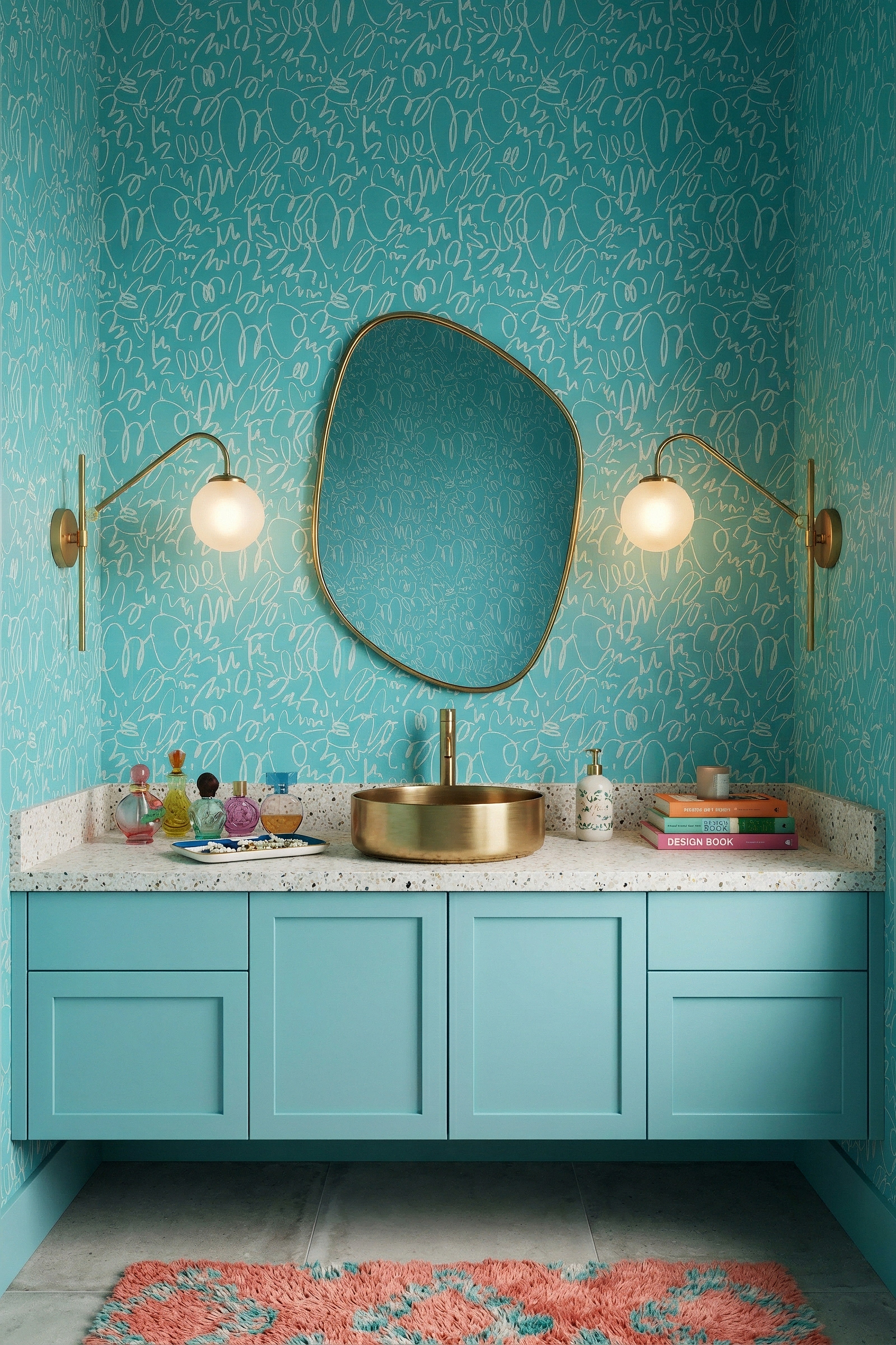 Flowing scribbles on a saturated teal doodle wallpaper in a powder room.