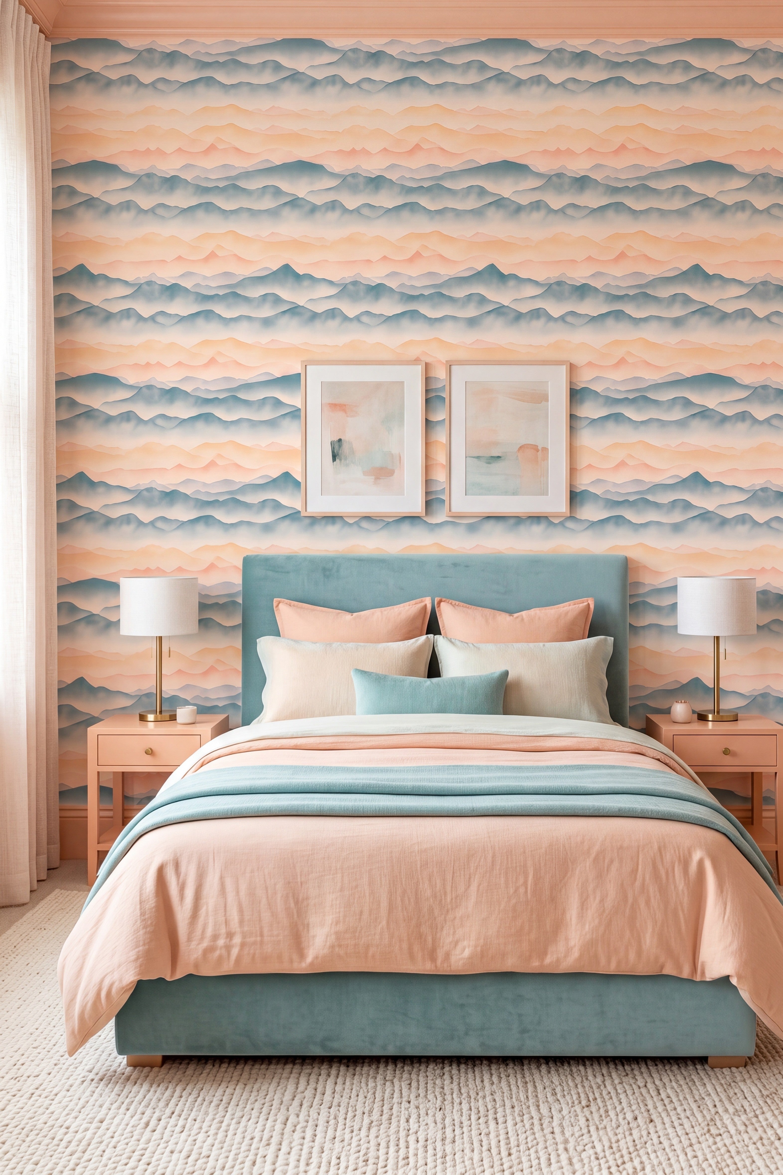 Misty blue and peach layered mountains on wallpaper in a bedroom.