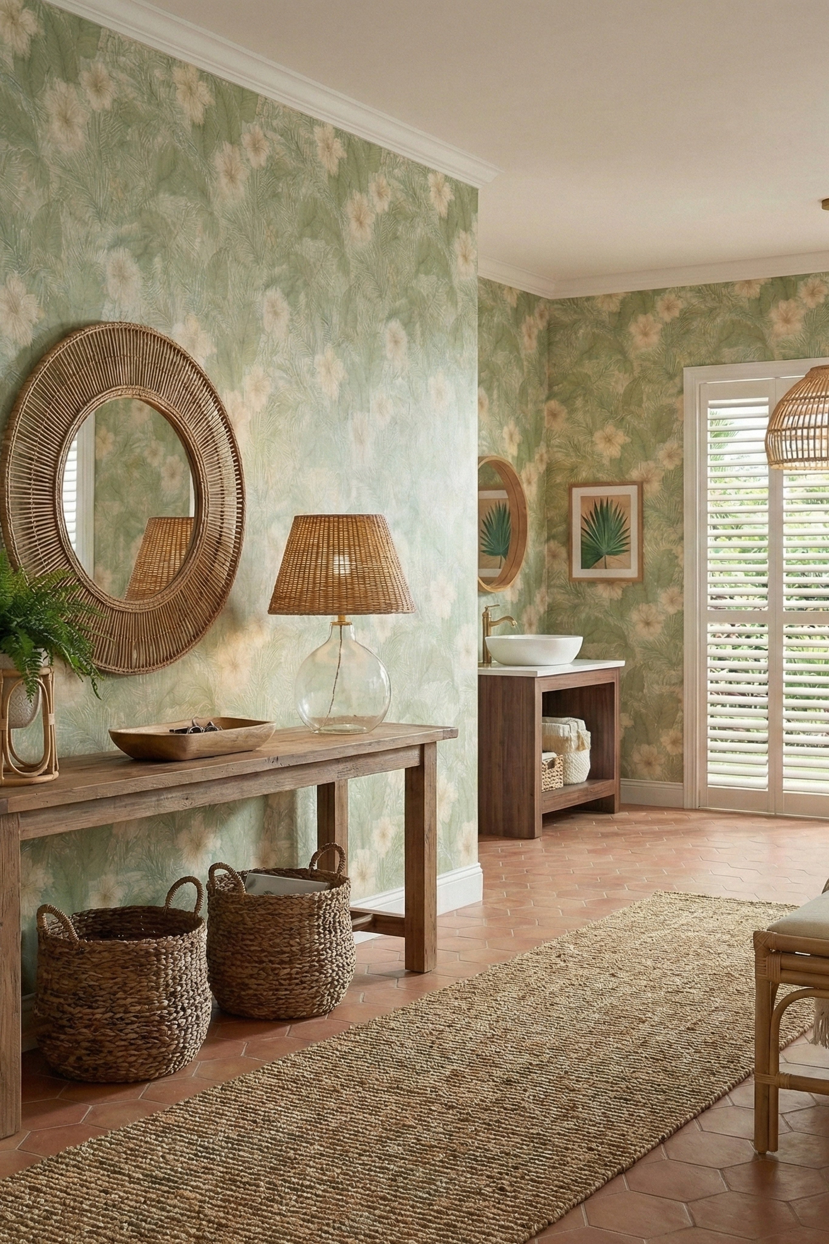 Sage hibiscus and palm leaves on warm cream tropical wallpaper in an entryway.