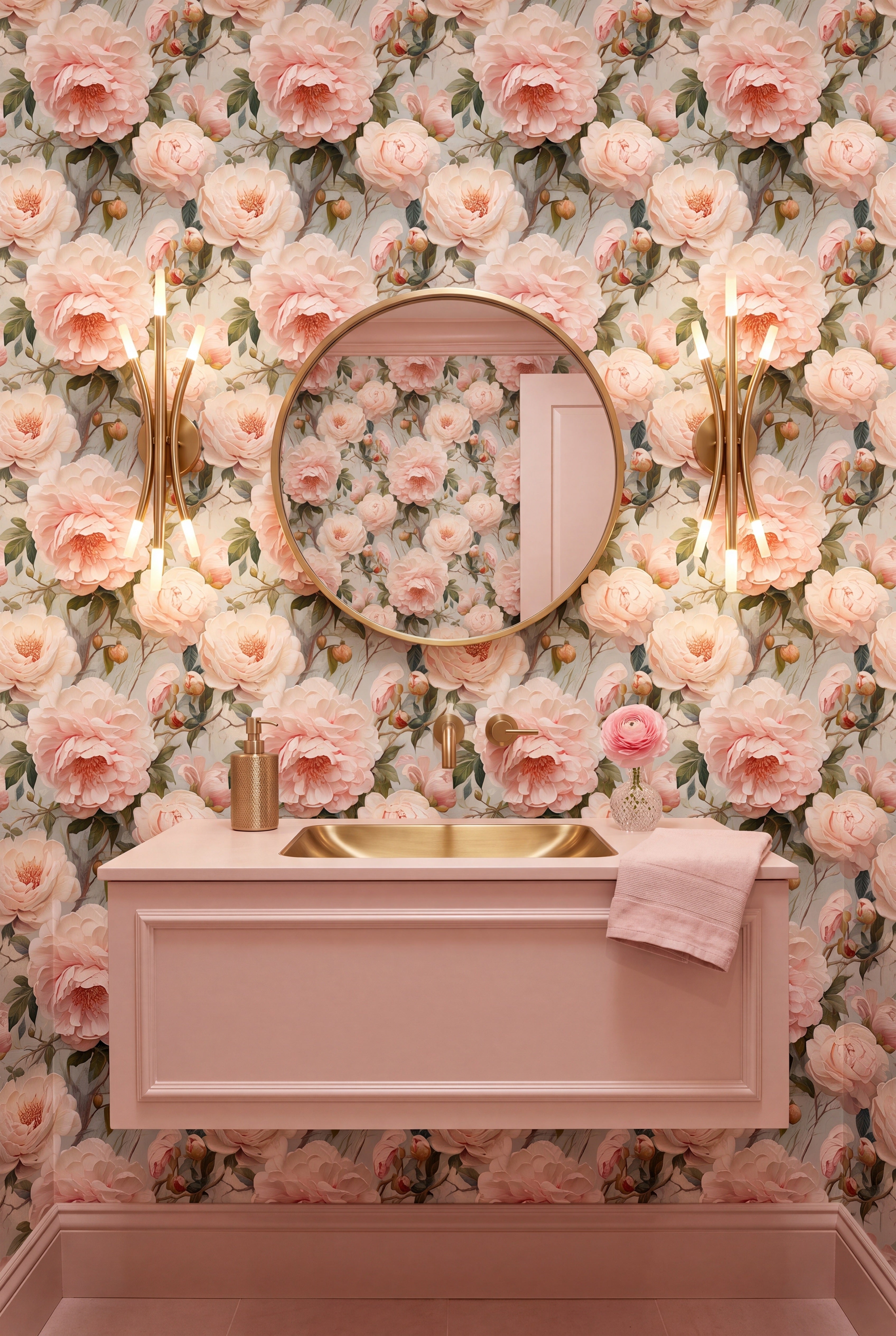 Layered vintage blooms on a soft, gently colored garden wallpaper in a powder room.