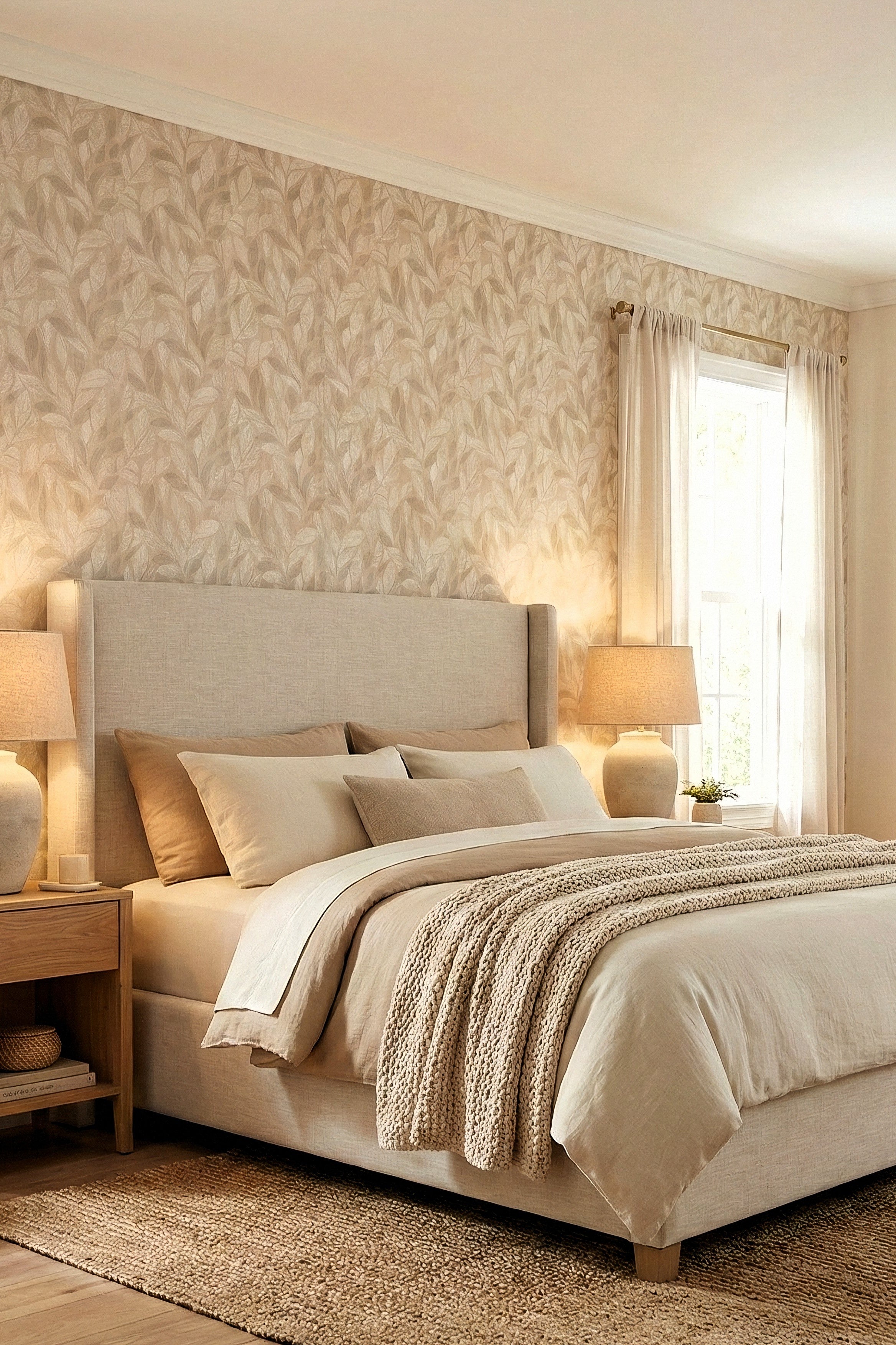 Overlapping beige and cream leaves on soft tonal wallpaper in a bedroom.