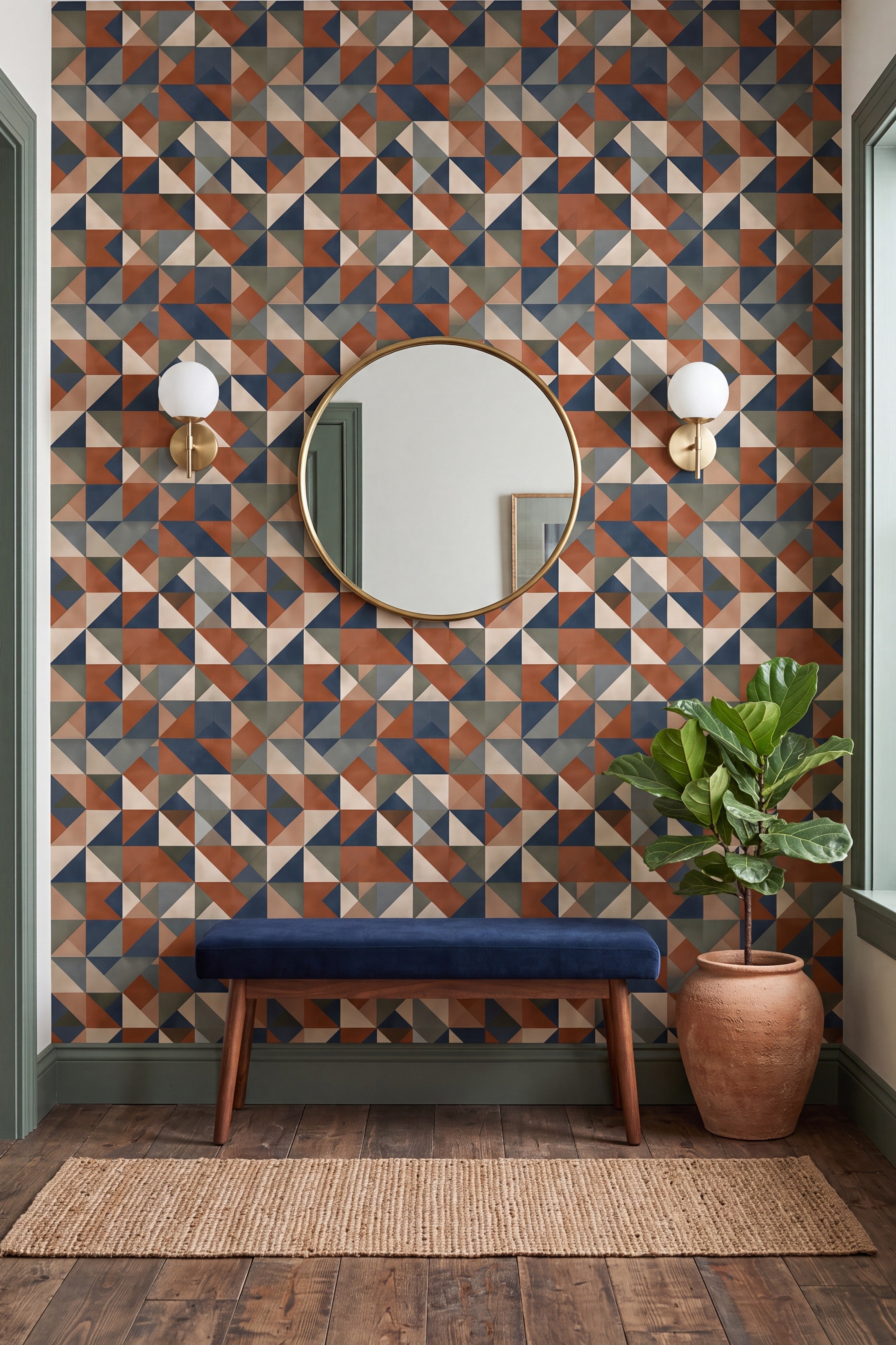 Navy, terracotta, and olive geometric triangles wallpaper on an accent wall.