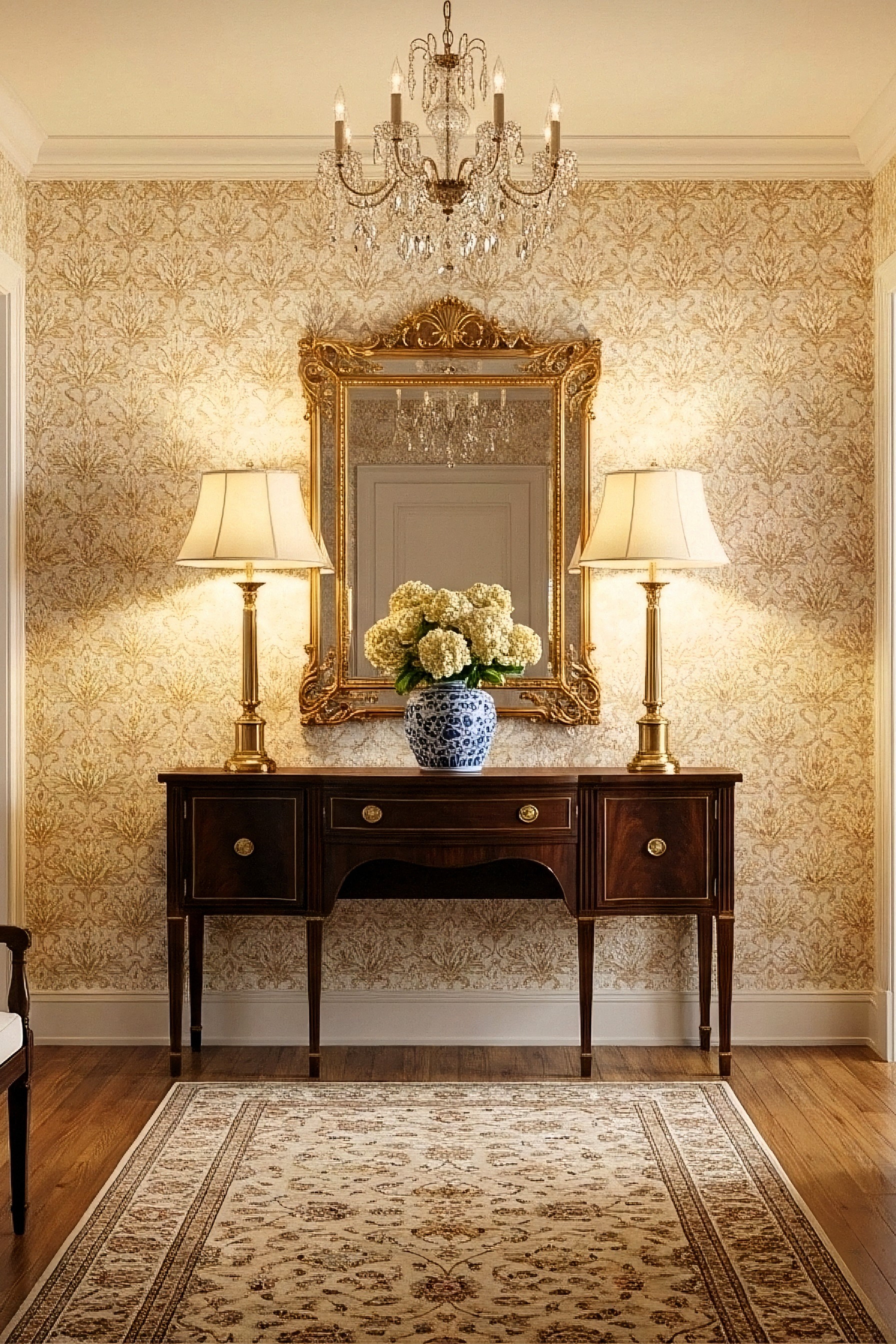 Ornate gold baroque scrollwork on ivory wallpaper in a hallway.