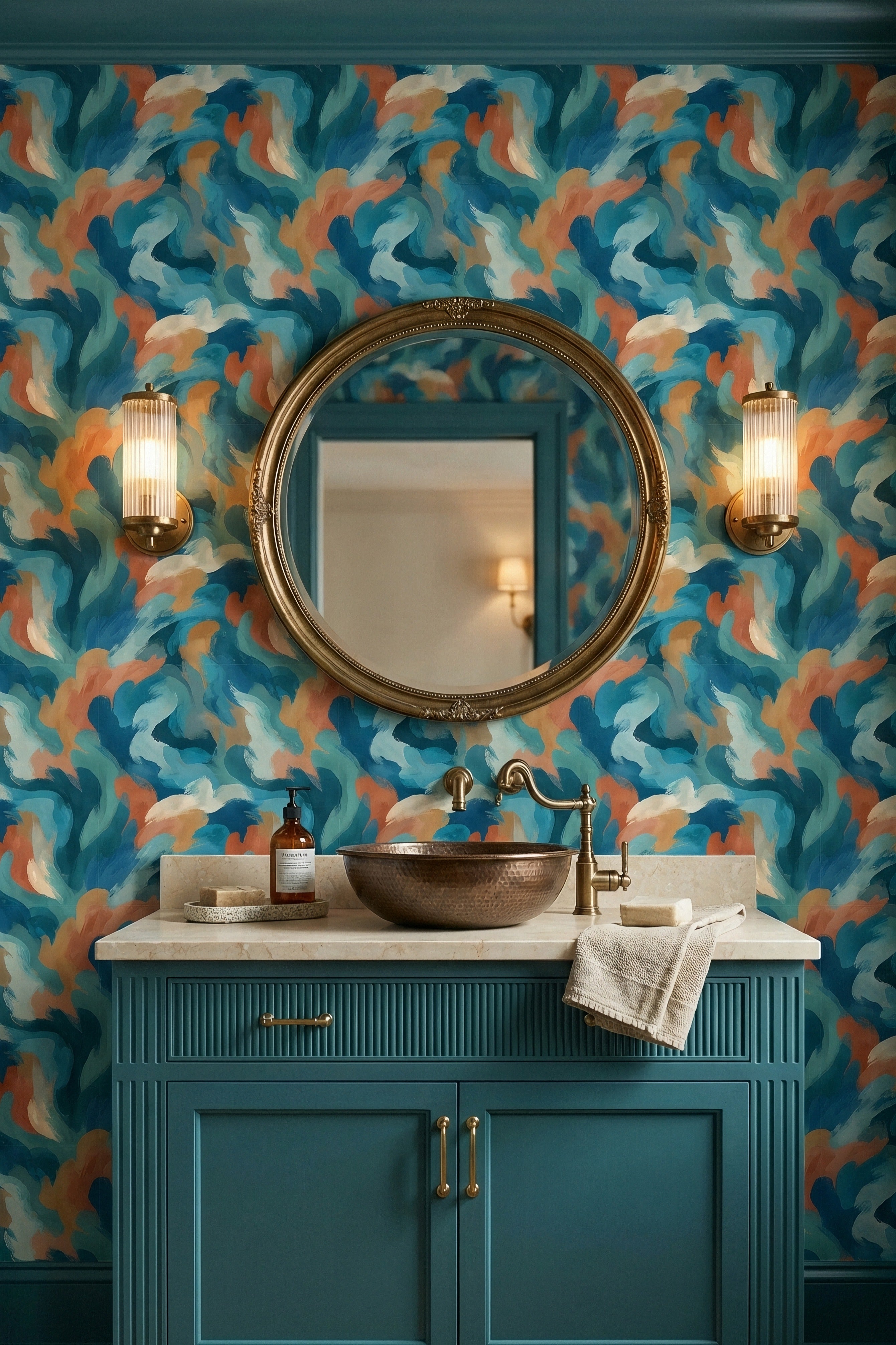 Sweeping teal, navy and terracotta waves on a retro wallpaper in a powder room.