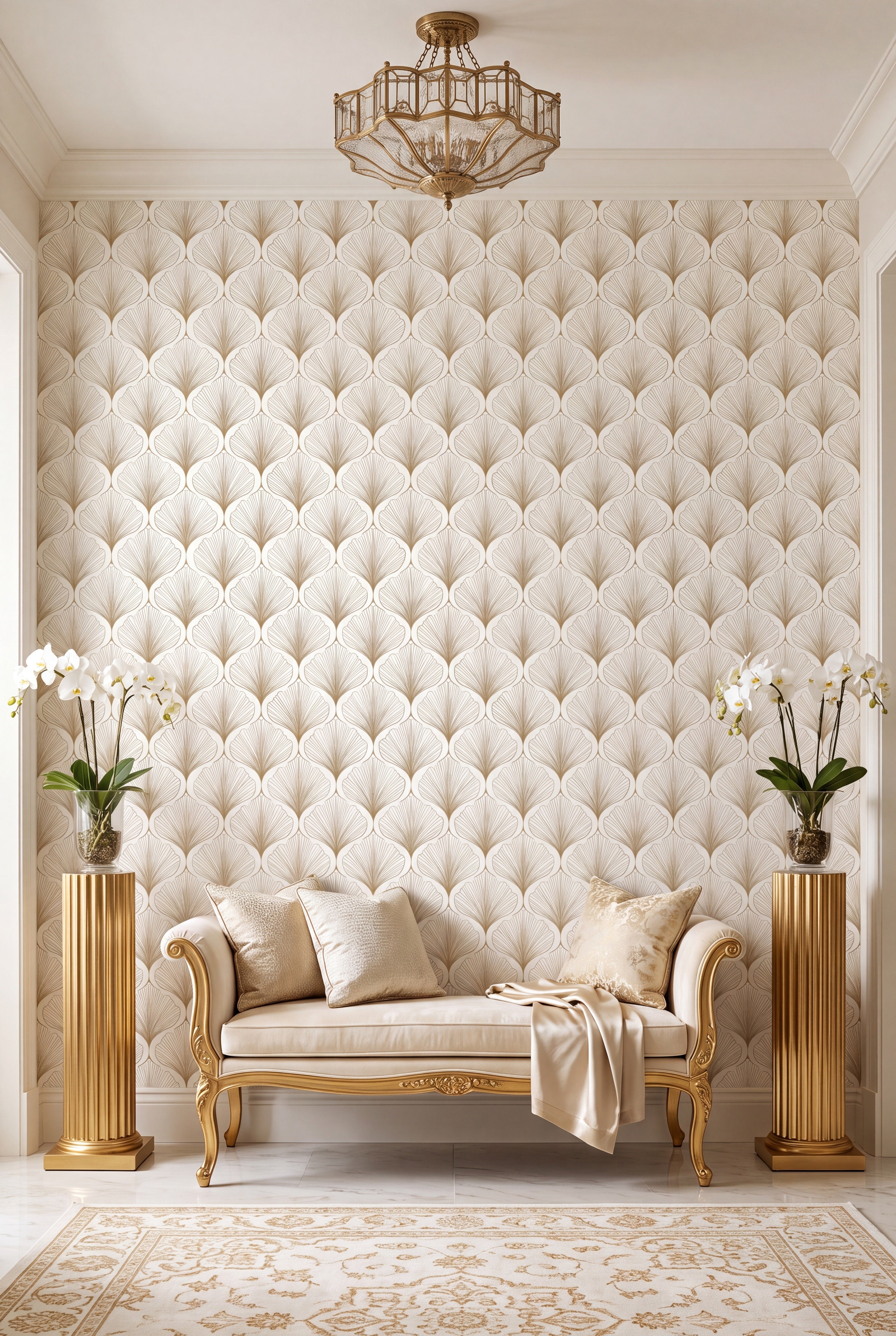 Fine gold Art Deco fans on a bright white wallpaper on an accent wall.